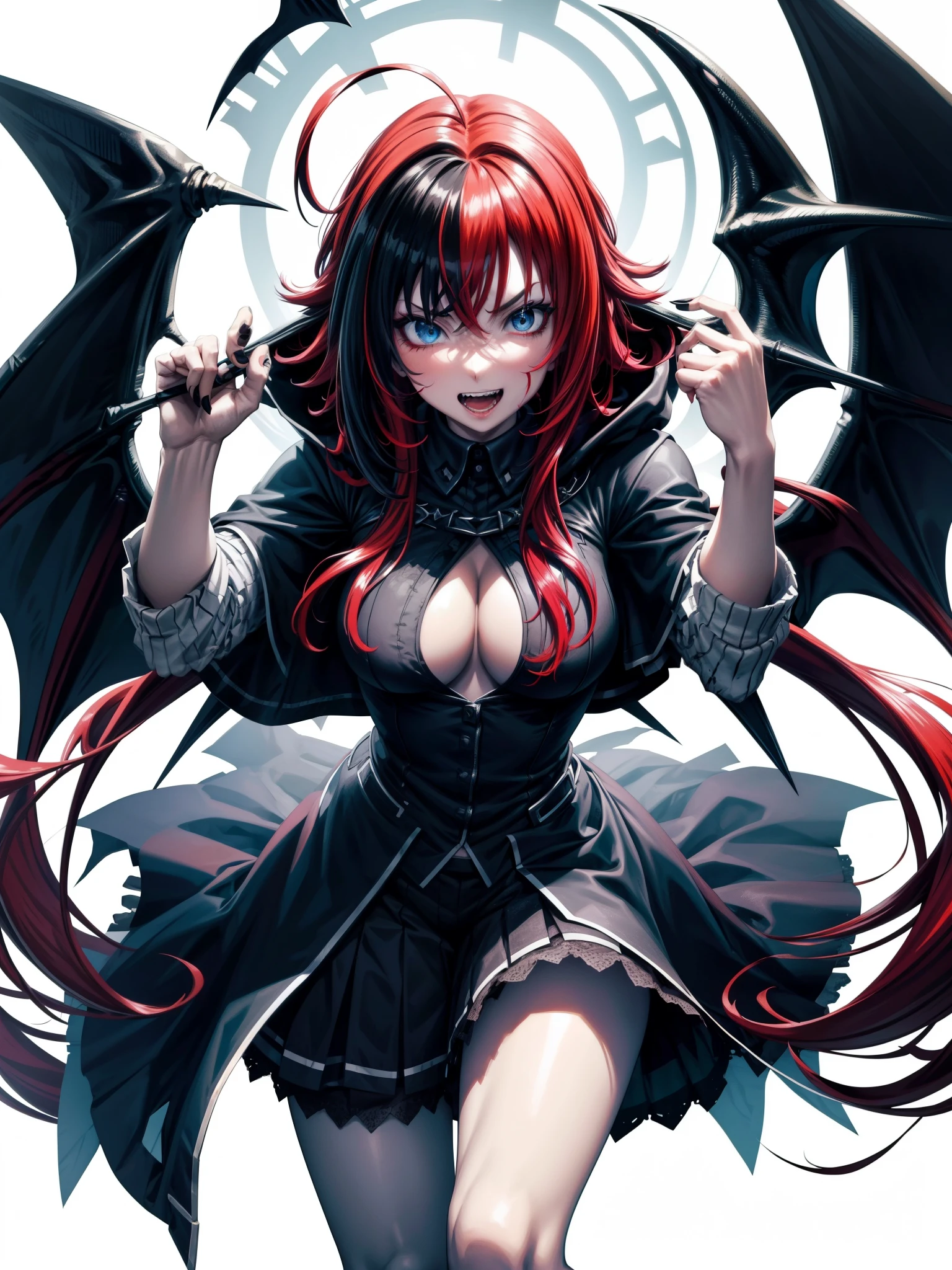 Crimson hair、Red hair、score_9, score_8_up,score_7_up, source_anime, rating_questionable, 1girl, solo,EPpkNessa, blue eyes, black hair, blue hair, streaked hair, single hair bun, dark skin, dark-skinned female, large breasts, edgWraith, hooded cloak, armor, torn clothes, pale blue ,wearing edgWraith , black lips, black eyeshadow, black fingernails, black leather, night, alley, empty street, full moon, bat \(animal\), eldritch abomination, green energy, malevolent forces, evil necromancer, sinister, diabolical, nefarious, vicious, blood, blood splatter, blood stain, fangs, sharp teeth, grin, crazy eyes, crazy smile, monochrome, greyscale, manga, multiple views,