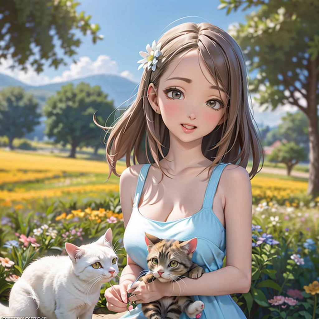 A gorgeous woman in a light colorful summer dress, playing in a field of flowers with her lively cat, cute antics, adorable scenes, mischief and fun