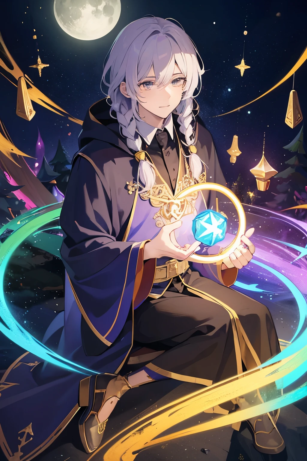 male wizard floating with magic energy of many different colors floating around him. Magic circles glowing with sparkles. Mystical, Witchy, Mushrooms, Pine Trees, Magick, Wicca, Moon.