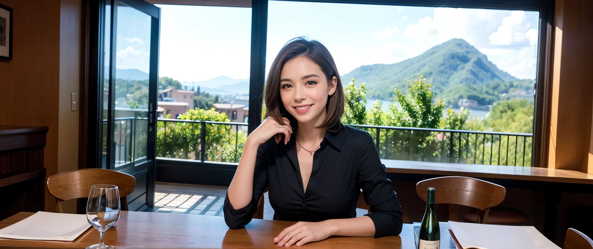 ((highest quality、8k、masterpiece:1.3))、Wineparty1 male、1 female、Couple、spouse、Couple、Slim body、((Bob Hale、Straight hair:1.2)), (Realistic, Intricate details:1.2), Wine glass on the table、Shine light on your face、 Amazing view of the sunset sky and clouds、Amazing mountain views、A bright smile、The wonderfulness of smile、Bright image、The beauty of wine, Beautiful Face, blue eyes, The light shines on your face, Blushing, short hair,Bright Face、 (Age 37), 39 years old, red wine 、Appetizers、Italian food、Wine bottle、Champagne、sparkling wine、Two beauties、Brown Hair、Shortcuts、Long sleeve shirt、dress、Pretty Woman 1, (Slim face), (The body is slim), (Brown Hair), (Shortcuts), cheeks turn a little red,Attractive beauty、restaurant, In a prominent place (From the waist up) Nova Frog Style, actress, model, Upper Body, White wine, slim, wine glass, Wine glass placed in the center, smile, (smile: 1.15), Beautiful fine grain, Depth f/2,saturation, High Contrast, Strong light and shadow,Moist Body:1.5、3D texture、Delicate eyes、Brown Hair、The hair is very shiny、
