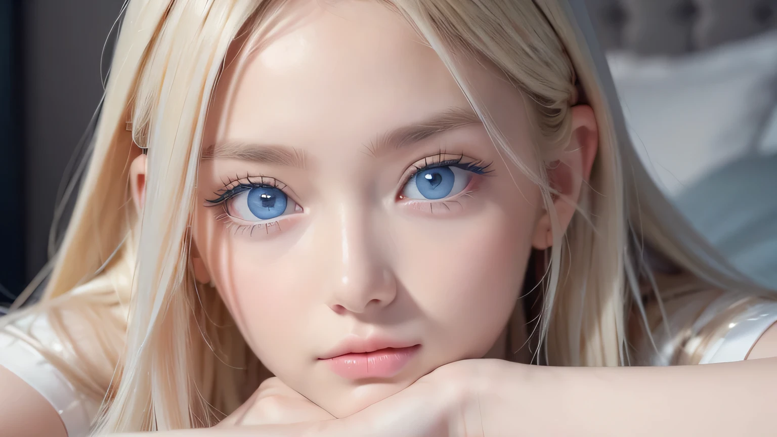 A very white and beautiful 20-year-old blonde girl、masterpiece, highest quality, shape, Ultra-fine detail, Natural platinum blonde with a natural shine、Super long straight silky hair、Super long hair like Rapunzel、Hair tangled all over the body、bangs over eyes、bangs on the face、Messy bangs、High resolution, 8K TV Wallpaper, Perfect dynamic composition, Beautifully detailed large light blue eyes , Big, bright, light blue eyes that shine beautifully、Very big eyes、of hotel(bed)、Small Face Beauty、Round face、double eyelid、Lying on your back、Cheek gloss highlighter