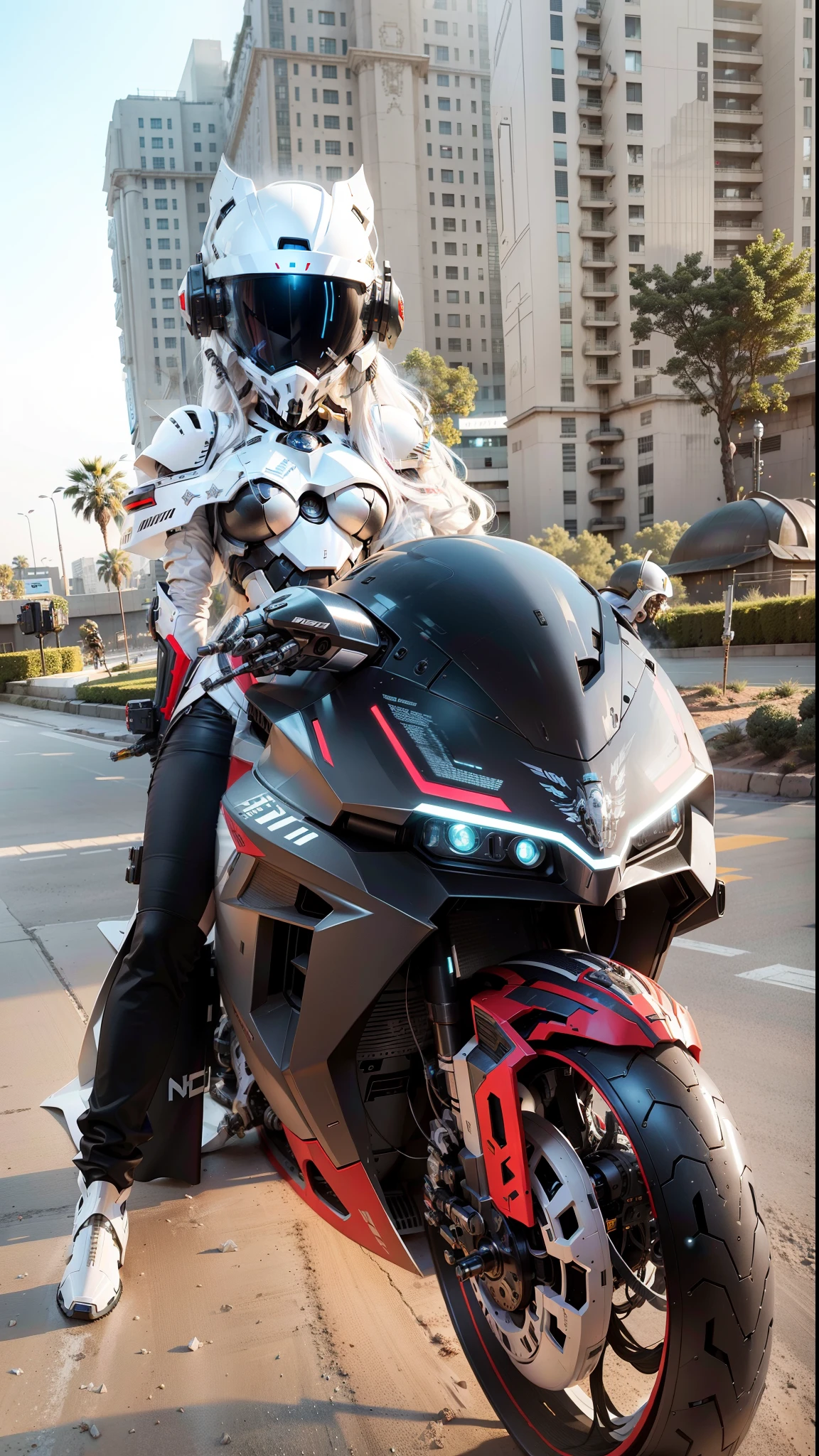 Sexy cyberpunk female knight，Long white hair，White mecha costume，White tech helmet，Nour， biology， MSHN Robot Woman，High-tech helmet，Surrealism， steel， Complex design， Crazy details， Meticulous attention to detail， Extremely clear lines， light， Photo-realistic， detailed masterpiece