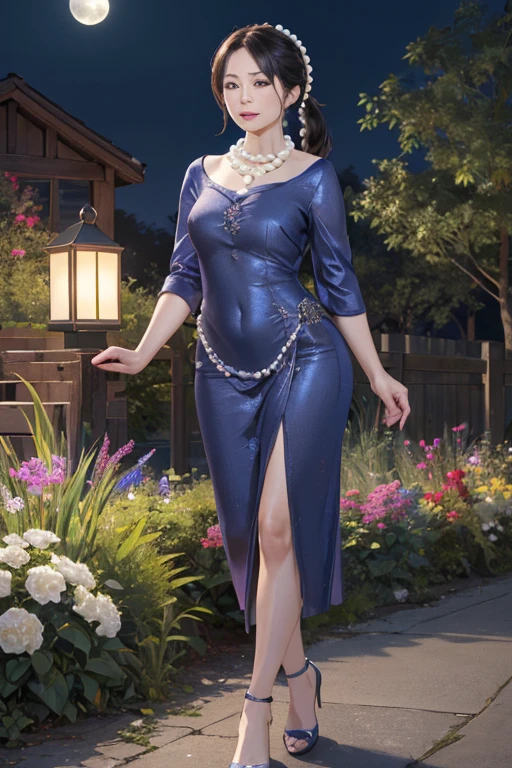 Mature Asian Woman, Lady, 55 year old mature woman, Beautiful details, Beautiful lip detail, Very detailedな顔, Long eyelashes, ((Low Ponytail)), ((Pearl Necklace)), ((Full body emphasis)), dress, garden, night中, night, full moon, moonlight, (highest quality, 4K, 8k, High resolution, masterpiece:1.2), Very detailed, (Realistic, photoRealistic, photo-Realistic:1.37), Vibrant colors