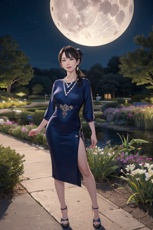 Mature Asian Woman, Lady, 55 year old mature woman, Beautiful details, Beautiful lip detail, Very detailedな顔, Long eyelashes,  ((Low Ponytail)), ((Pearl Necklace)), ((Full body emphasis)), dress, garden, night中, night, full moon, moonlight, (highest quality, 4K, 8k, High resolution, masterpiece:1.2), Very detailed, (Realistic, photoRealistic, photo-Realistic:1.37), Vibrant colors