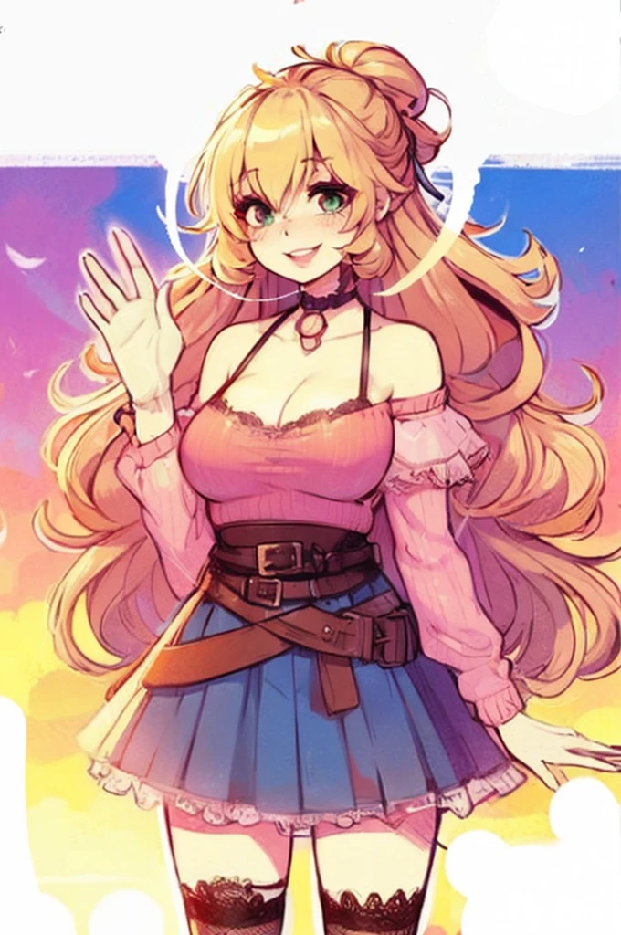 ((art by Kipteitei)), ((Masterpiece, best quality, perfect lighting, amazing shading)), (perfect anatomy, realistic proportions), field of depth, extremely beautiful, detailed face, ultra cute face, cute, blond hair, long wavy hair, messy bun, green eyes, pink halter top, cleavage, (blushing), skirt, thigh highs, belt, smile, beautiful sky sunset, detailed background