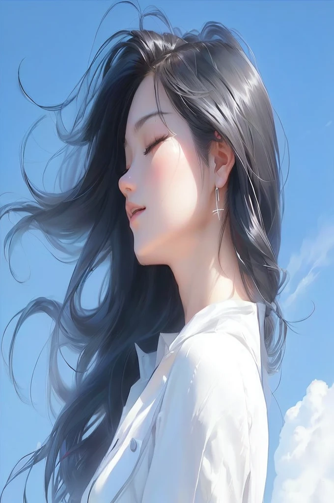 Anime girl with long black hair, closed eyes and white shirt, beautiful animated portraits, Profile of an anime girl, Reporter Li Song, by 양J, realistic. Cheng Yi, by Yesin, anime girl with long hair, nee tian(Ni Tian), Hair blowing in the wind, realistic cute girl painting, Detailed portrait of anime girl, beautiful picture