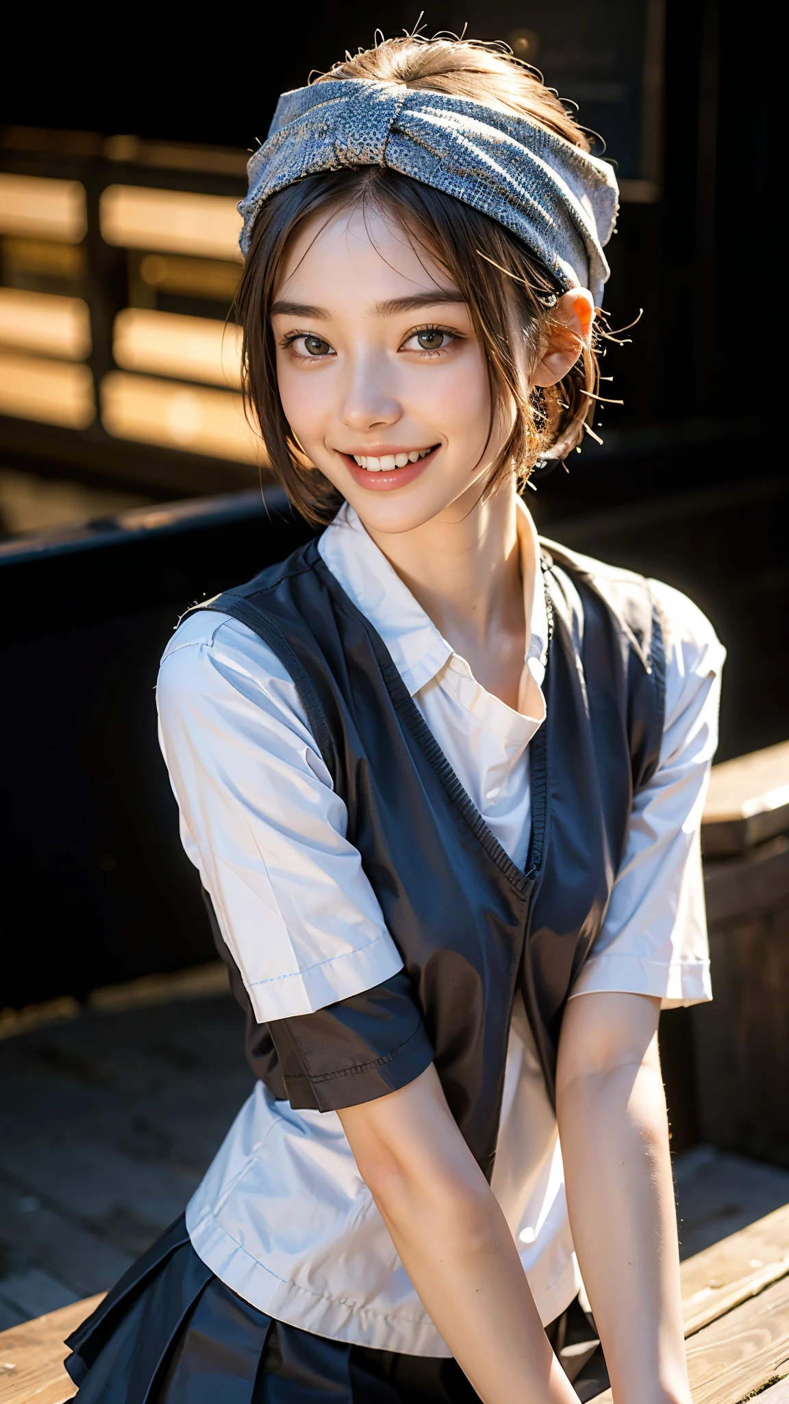 highest quality, masterpiece, Ultra-high resolution,8k, (Realistic:1.6), (Facing portraits) RAW Photos, 1 girl,(I'm showing my teeth and smiling)), 22 years old,((Miniskirt Uniform)),((short hair)),((Wear a bandana on your head)),((Looking up at the audience)),Face Focus:1.4,((Simple solid color background)), Image Media Chest)),((Smiling with teeth showing)),