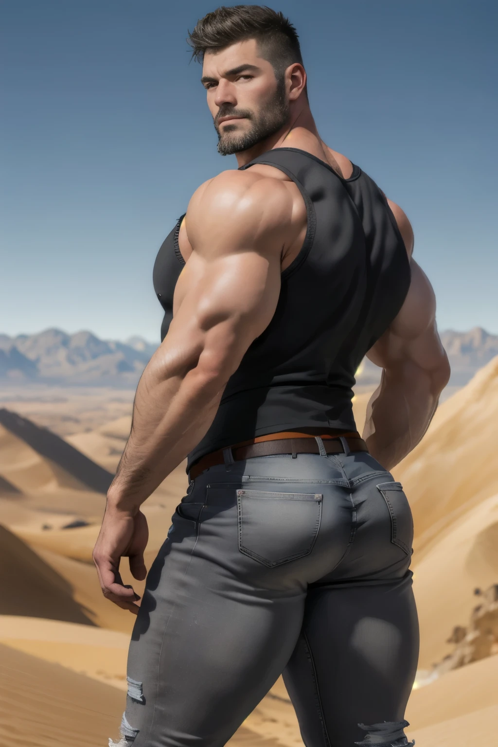 Mature man, very handsome, best quality, adventurer, gray jeans, dark gray vest, , masterpiece, super high resolution, detailed background, reality, , single, 1 boy, muscle man, beard, desert, desert, mountain, muscle, facial hair, volumetric lighting, depth of field, wheezing, raised crotch, handsome action, big dynamics, (((big butt))) ((backside)) manly