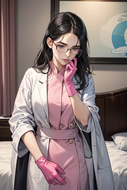 Wearing large pink rubber gloves and a white cloth wrapped around her head、A mature woman with glasses and black hair tied up in a blue long-sleeved jumpsuit cleans the urinals in a dirty public restroom with a gentle smile
