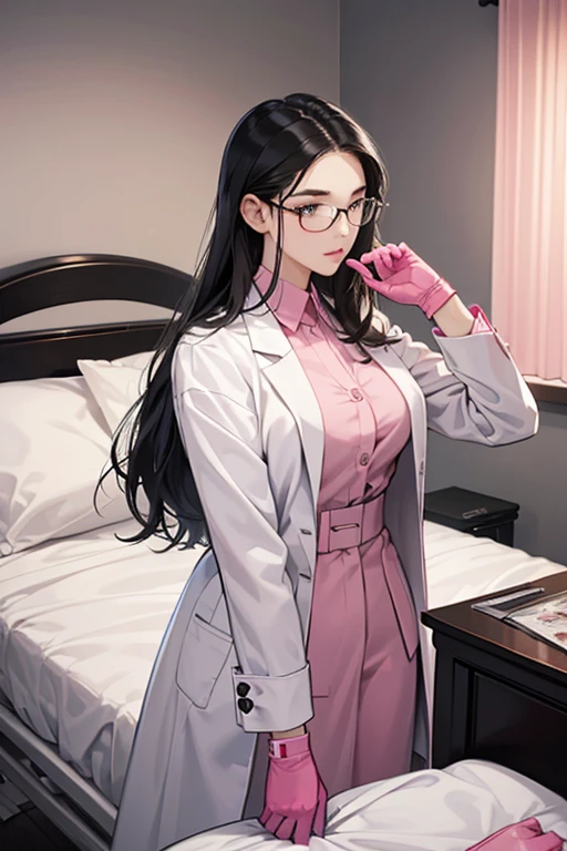 He coldly looks down at the female patient tied to a bed in the hospital room.、A mature woman with glasses and black hair in a white lab coat touching herself with her hand in a large pink rubber glove