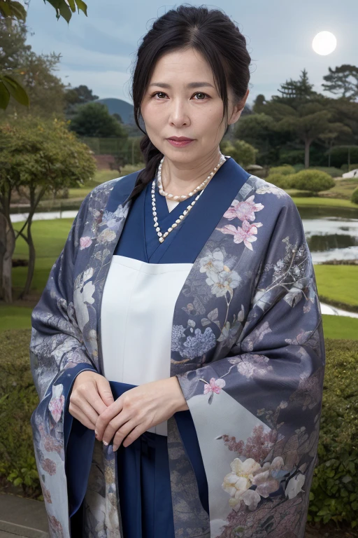 Mature Japanese Woman, Lady, 55 year old mature woman, Beautiful details, Beautiful lip detail, Very detailedな顔, Long eyelashes, ((Low Ponytail)), ((Pearl Necklace)), ((Full body emphasis)), Kimono Garden, night中, night, full moon, moonlight, (highest quality, 4K, 8k, High resolution, masterpiece:1.2), Very detailed, (Realistic, photoRealistic, photo-Realistic:1.37), Vibrant colors