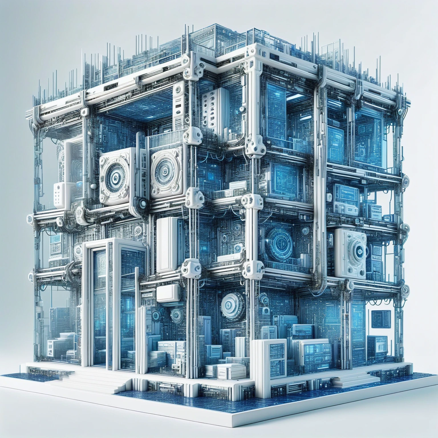 (quilted paper art), The art of math，Cyberpunk，(White ceramic housing:1.5)，Blue transparent glass，3d rendering，Ray tracing，Structurally sound，The internal structure is complex,(clear lines, High Definition,best quality, masterpiece, 4k ),Dystopia