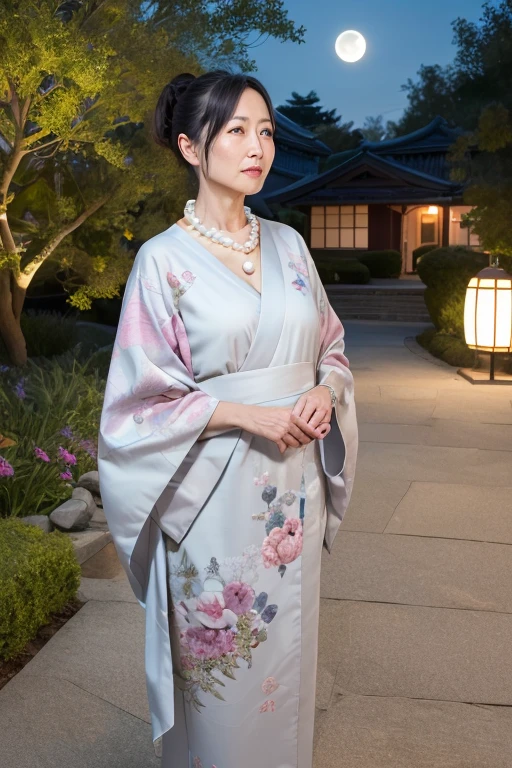 elegant mature japanese woman, elegant mature woman, 55 year old mature woman, beautiful detailed face, beautiful detailed lips, extremely detailed face, long eyelashes, ((low ponytail)), ((pearl necklace)), ((full body emphasis)), kimono, garden, night, midnight, full moon, moonlight, (best quality, 4k, 8k, highres, masterpiece:1.2), ultra-detailed, (realistic, photorealistic, photo-realistic:1.37), vivid colors