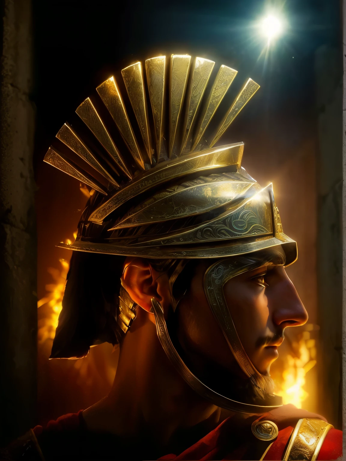 Arav man wearing a helmet,Behind me shines the golden sun, Soldier, portrait of greek god ares, Portrait of Achilles, warrior, Wearing Spartan armor, Wearing a gorgeous helmet, Portrait of a male warrior, roman centurion, warrior的肖像, greek amazon warrior, Close-up portrait shooting, spartan warrior, Light shines from the armor