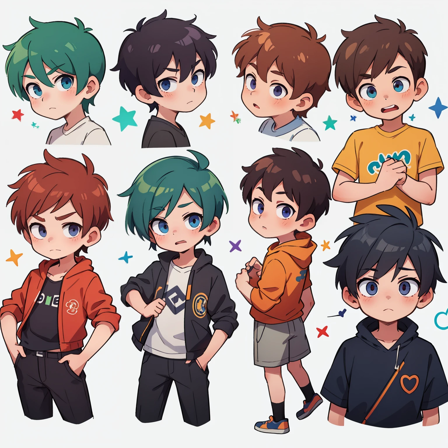 Color wheel, 8 boys with different hairstyles and expressions,, (best quality, masterpiece),