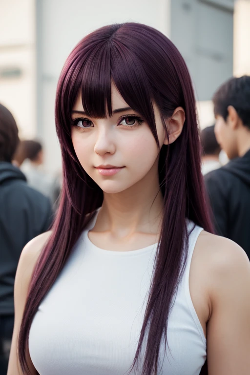 This is a high definition anime portrait (8K) que presenta a una chica con curvas prominentes y una gargantilla, looking directly at the camera. Su cabello es una mezcla vibrante de rojo y violeta, con patrones fractales y un brillo estelar que sugiere un fondo espacial y estrellado. The image has a detailed art style, con influencias de artistas como Ilya Kuvshinov y Krenz Cushart, and is characterized by its colorful and cheerful expression.