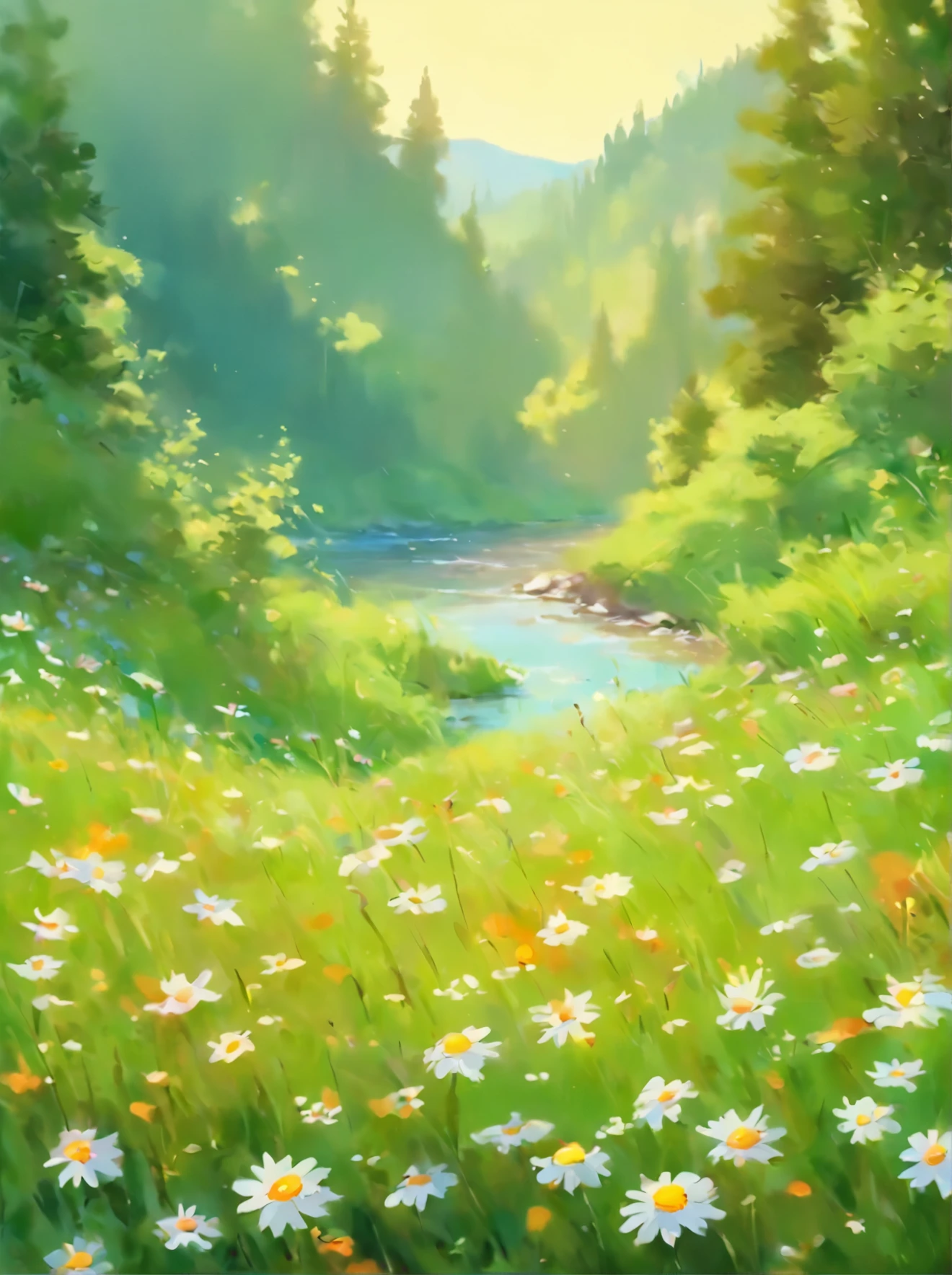 painting of a field of daisies and a river in the distance, meadow with flowers, meadows on hills, field of flowers, by Eugene Tertychnyi, [ oil painting ]!!, landscape oil painting, by Franciszek Starowieyski, summer landscape, summer meadow, by Sylvester Shchedrin, meadows, by Dechko Uzunov