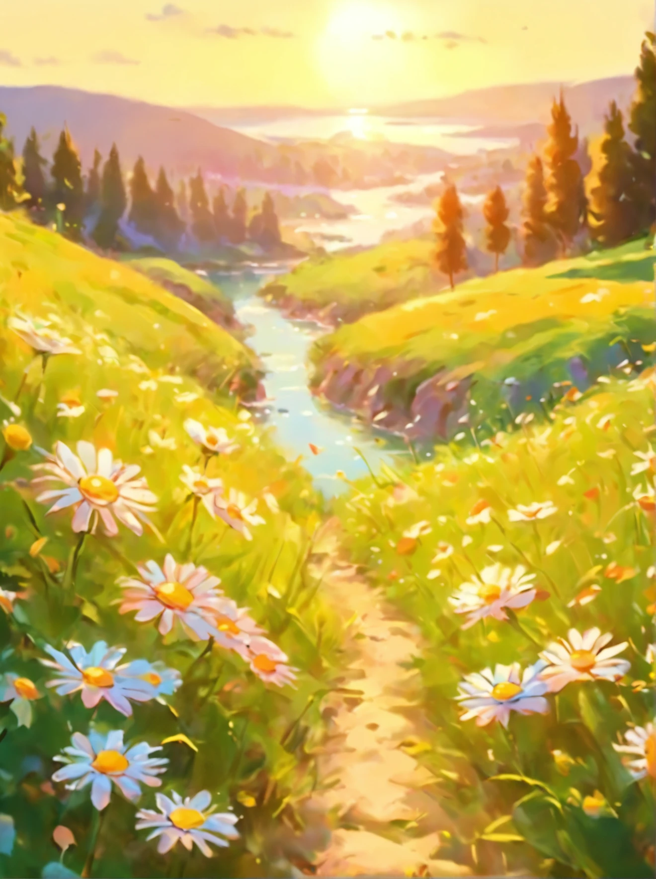 painting of a field of daisies and a river in the distance, meadow with flowers, meadows on hills, field of flowers, by Eugene Tertychnyi, [ oil painting ]!!, landscape oil painting, by Franciszek Starowieyski, summer landscape, summer meadow, by Sylvester Shchedrin, meadows, by Dechko Uzunov