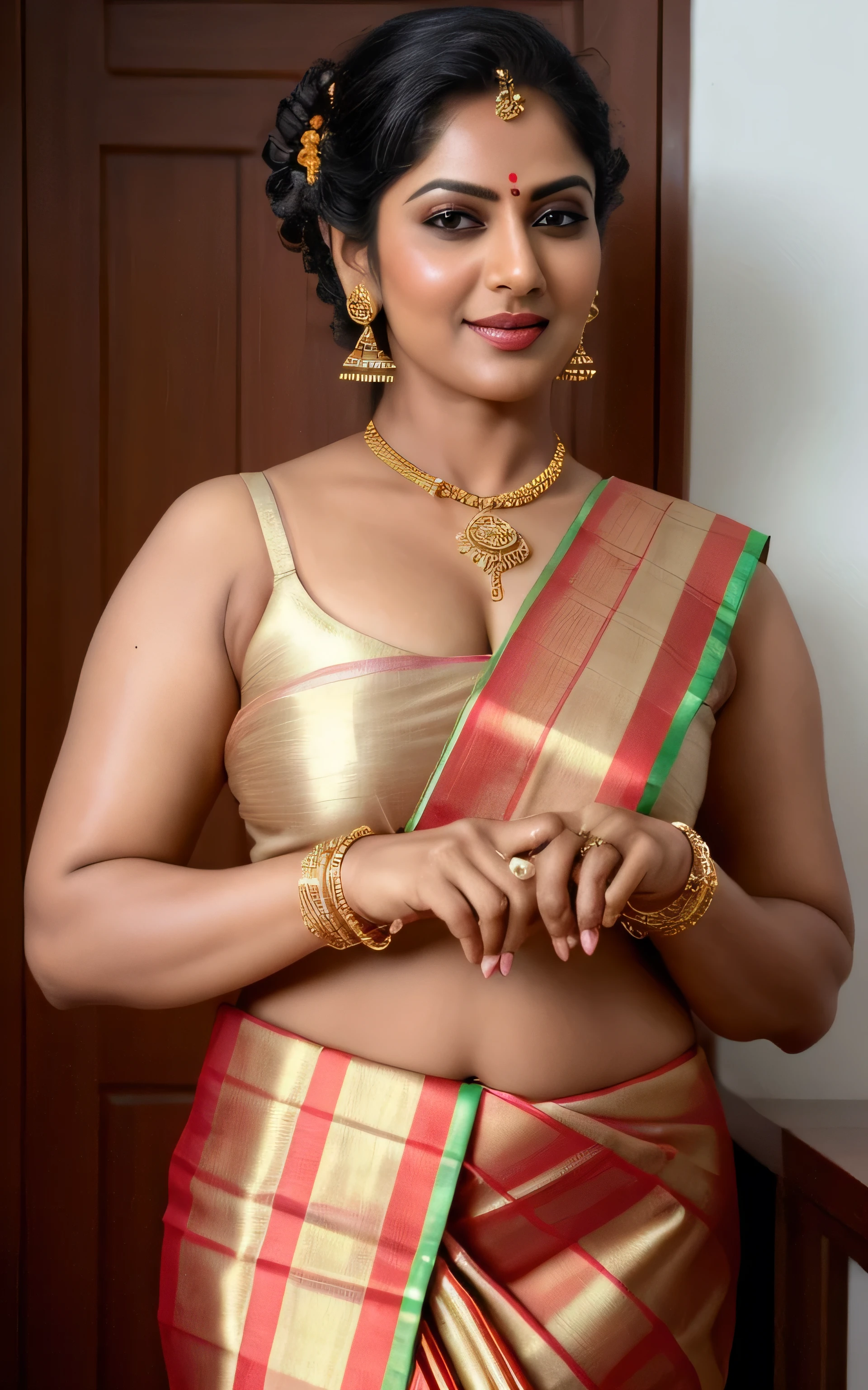 Foto RAW, Photographic recreation shoot Inspired from art by mohanan manimala, dressing style like Poonguzhali in Ponniyin Selvan,bare chest,,Mundum Neriyathum , traditional mundu, traditional south indian, Swollen and enlarged breasts, sensual pleasure, erotic photoshoot,best quality,sleeveless blouse,off shoulder dress,queen of Lust,appealing physique, sultry woman, modern sleeveless blouse, her sensual & bold Avataar, extremely gorgeous and hot milf, modelshoot, profile photoshoot,mastershot, model photography, retouched, movie stills shoot, modelshoot Inspired by art of mohanan manimala, revealing clothes, her exposed charming figure, appealing physique, pale skin, Beautiful lady, extremely gorgeous woman, mallu traditional wear, party wear, designer saree,sexy woman, wedding party wear, hot sleeveless blouse, sexy designer dress, designer blouse, braless, hot party wear, spotless skin, 45 years old, sexy sleeveless blouse, armpits exposing,modern Indian aunties, sexy Indian housewife, desi bhabhi hot, sexy giant woman like figure, seductive body, wearing palla, Indian traditional bandeau crop top bra, huge breast, milk tank, mallu woman, mallu actress, mallu aunty, mallu sari model, mallu actress, lusty, perfect thick body, fleshy figure, highly detailed, intricate, flawless, pheromones dropping figure, seductive expression, beautiful face, juicy figure, perfect face, perfect eyes, perfect fingers, round shaped face, curvy, mallu bhabhi,mallu woman,mallu Beauty, Kerala Beauty, Kerala aunty,Kerala wife, skin texture, hot, small hairs on armpits, unshaved underarm, armpit crease, captivating, lusty, charming, attractive figure, mature woman, Kerala model, Kerala actress, nails can be hidden,queen of Lust,High clarity eyes, gigantic figure,extremely seductive, extremely seductive dress,(pele altamente detalhada: 1.2), 8k UHD, DSLR, soft-lighting, alta qualidade, grain of film, Fujifilm XT3