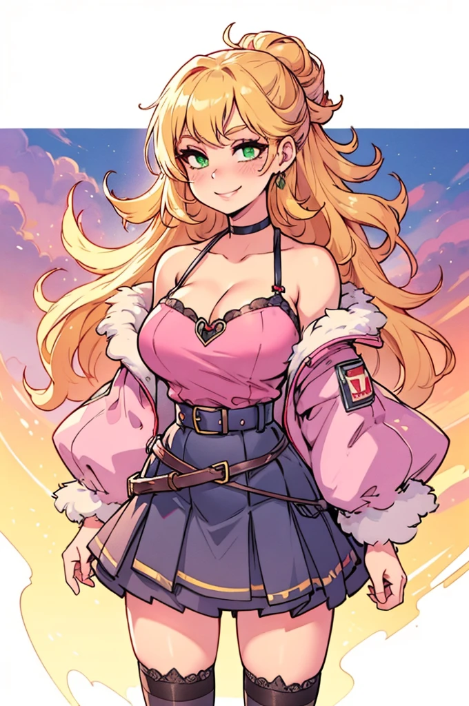 (art by Kipteitei), ((Masterpiece, best quality, perfect lighting, amazing shading)), (perfect anatomy, realistic proportions), field of depth, extremely beautiful, detailed face, ultra cute face, cute, blond hair, long wavy hair, messy bun, green eyes, pink halter top, cleavage, (blushing), skirt, thigh highs, belt, smile, beautiful sky sunset, detailed background