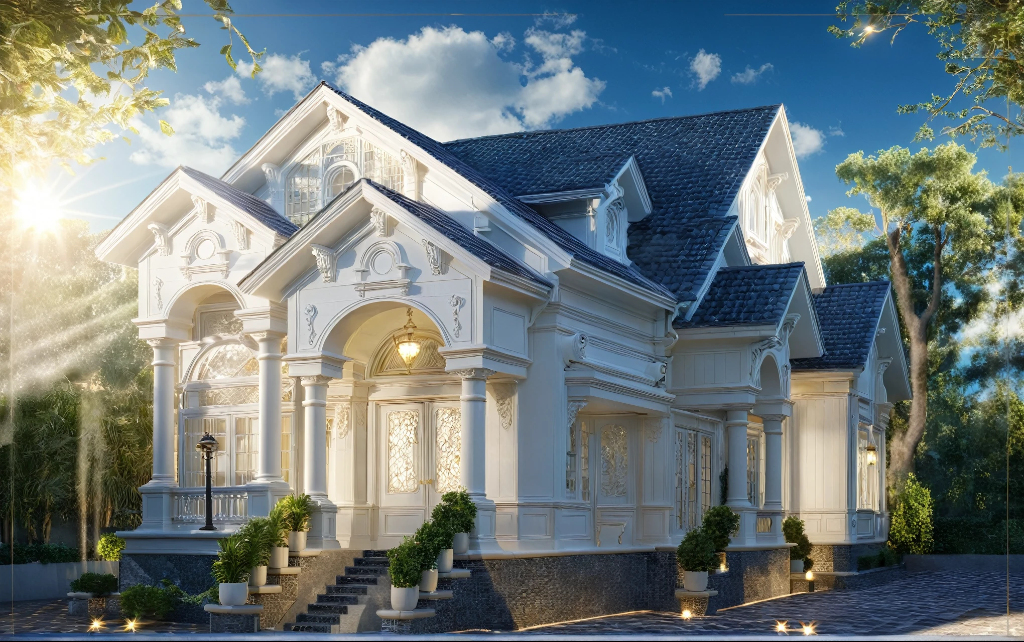 ,Masterpiece, Best quality,8K, Ultra-high resolution,Immediately surrounded by a rich atmosphere of luxury white-off ornaments。Whenever it is late afternoon,The afterglow from the window spilled on the floor,Soft light and shadow are reflected,It was as if entering a dreamland, Architectural style Architectural style, ((Classic Style House)),(masterpiece) , ((best quality)), dramatic lighting, high quality outdoors, sky, day, cloud, tree, blue sky, building, scenery, road, real world location, sunlight, enough detail, high resolution,super realistic, Photorealistic, highly detailed, balcony, door, car, truck, parking slot, paving, . Clean lines, architectural drawing, highly detailed , . Clean lines, geometric shapes, architectural drawing, highly detailed, (( round column : 1.3 )), round pillar..