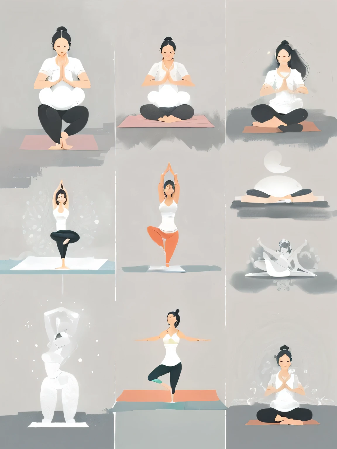 there are many different posture of yoga for women, various posture, relaxed posture, various bending posture, illustration!, lotus pose, Various postures, posture, different posture, multiple posture, expressive posture, flat illustration, illustrations, illustration style, lotus pose, Hindu meditation stage, shukasana, bending posture, Anjali mudra, serene illustration, digital illustration