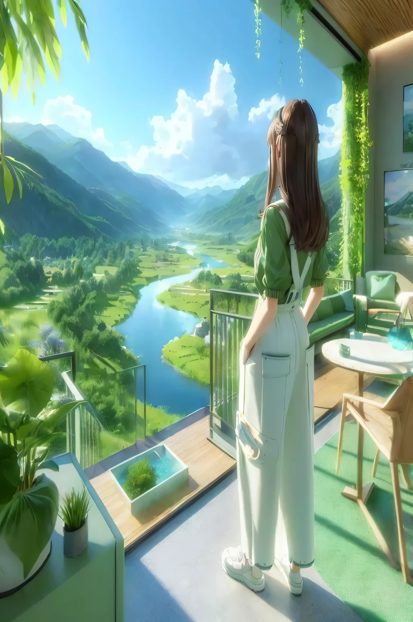 Anime girl standing in a room with a valley view, Realistic animated 3D style, Detailed Scenery - Width 672, relaxing concept art, Rising in popularity on cgstation, A place overlooking the valley, comfortable environment, Beautiful valley, Realistic 3D style, realistic art style, hyper detailed scene, 8K high-quality detailed art, Comfortable and cozy scenery