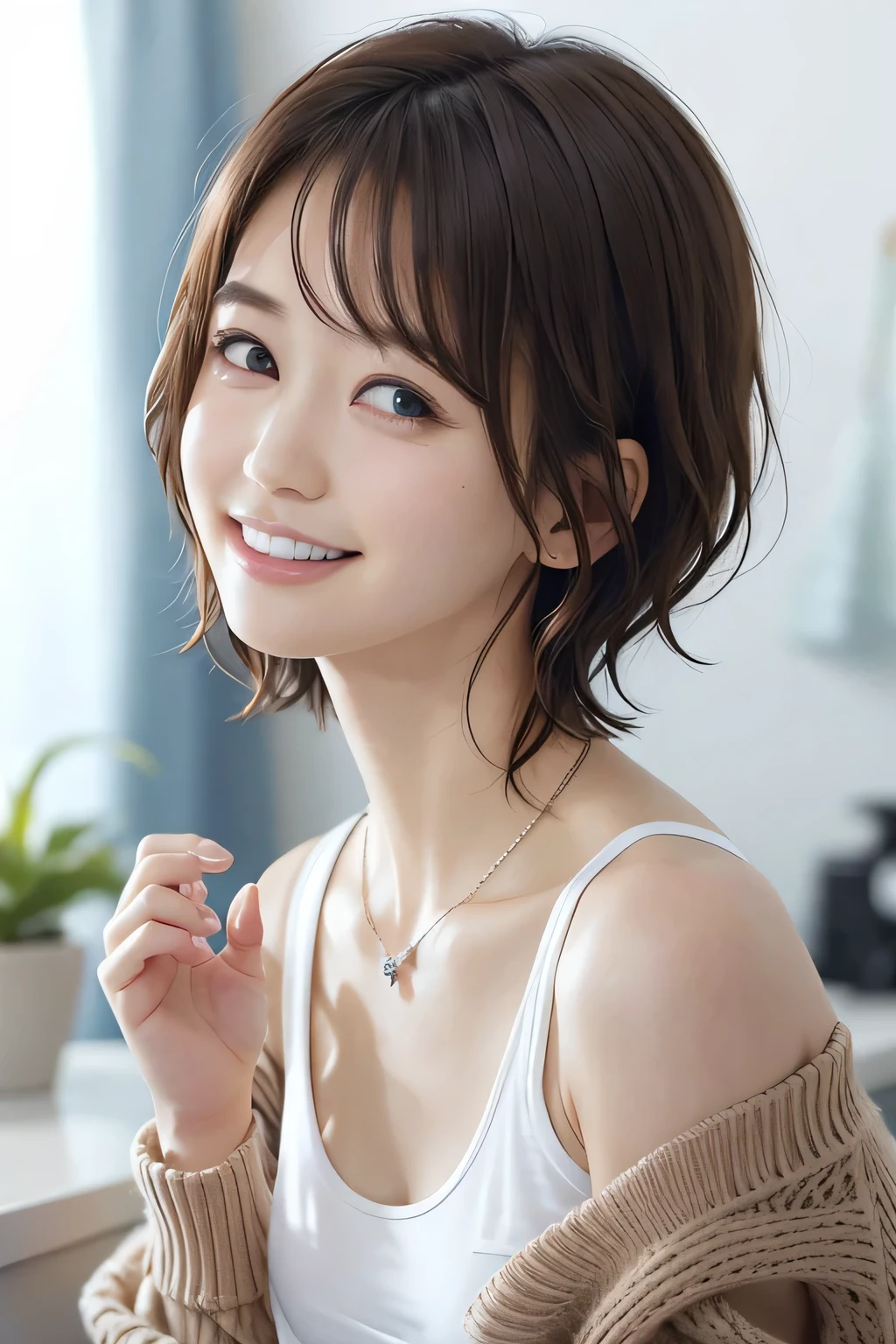 205 ((short hair)), 20-year-old female, In underwear、Put a cardigan over your shoulders、 A refreshing smile、Beautiful teeth alignment、Dark eyeliner、Dark brown hair、ear piercing、Necklace around the neck、Looking at the cameraカーディガンを袖を通さずに着る