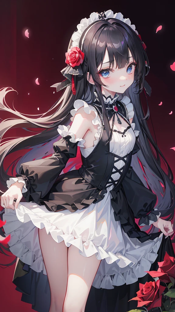 ((masterpiece)), (anime:1.5), ((highest quality)), (RAW Photos: 1.2), (Professional photography:1.2), whole body, 8k, From the side, Wide Shot, (18-year-old), ((One girl)), Textured skin, Cinema Lighting, One girl, ((Beautiful Gothic ta Pure White Dress)), (Very hoop dress), Luxury Rose Embroidery, Cute innocent girl, ((Hair on one eye)), Slim and small chested, (Long, silky black hair), (Gothic Loliakeup), Beautiful Hair, smile, (blush), Particles of light, ((Lift up your skirt with your hands)), In a beautiful and wonderful garden, (red rose garden)、blue eyes