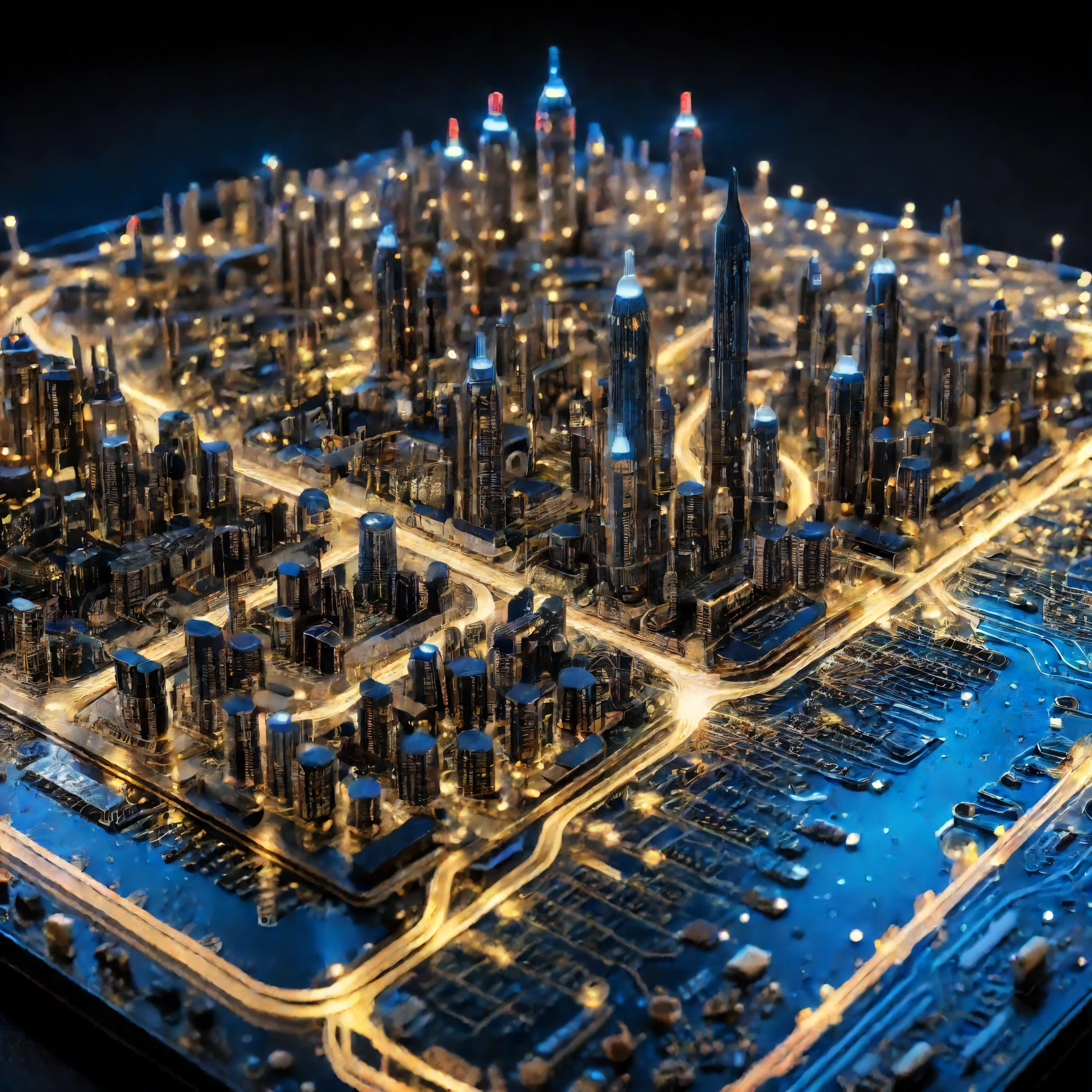 A highly detailed miniature city resembling electronic components on a circuit board, with intricate details and glowing lights, photorealistic, finely rendered.