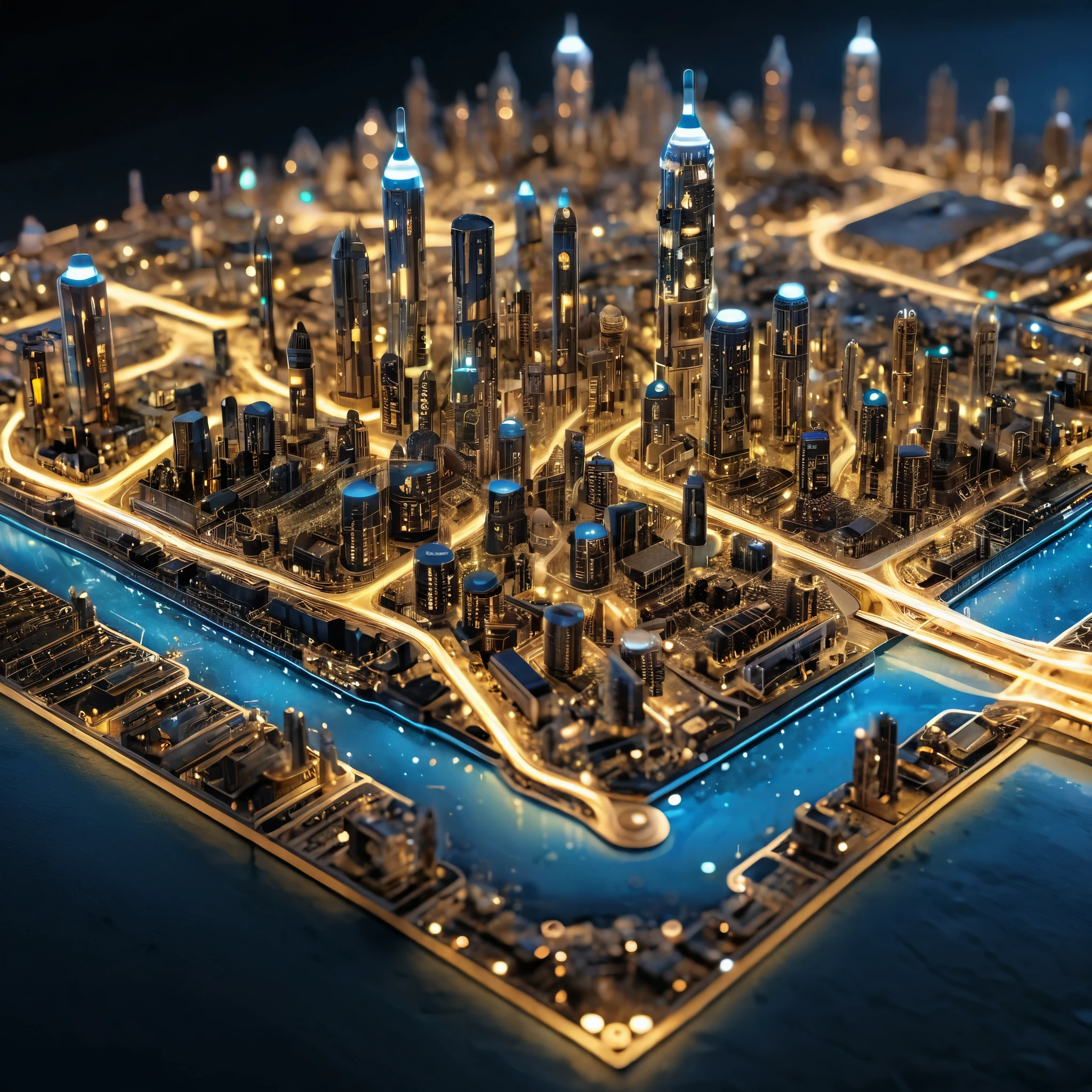 A highly detailed miniature city resembling electronic components on a circuit board, with intricate details and glowing lights, photorealistic, finely rendered.