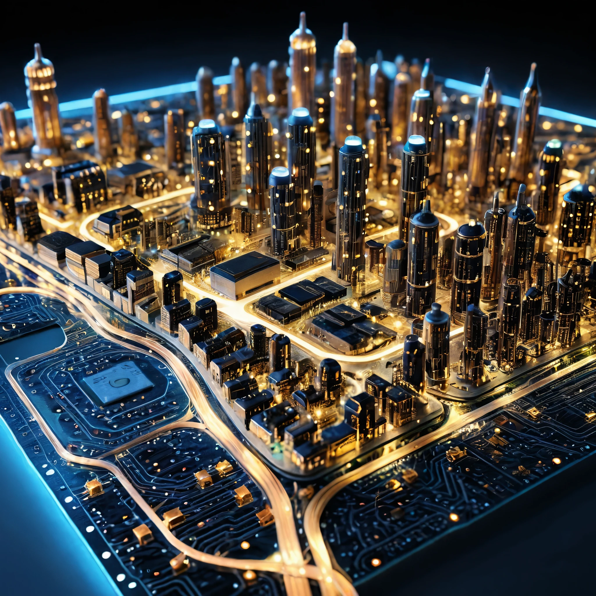 A highly detailed miniature city resembling electronic components on a circuit board, with intricate details and glowing lights, photorealistic, finely rendered.