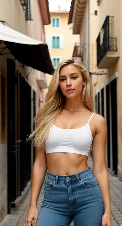 A 23-year-old blonde woman, ((pechos grandes)), ((hyperrealism)) ,. blonde hair with light brown roots. pelo rubio, Hair with brown roots, pelo extra largo, cabello muy largo, cabello muy largo, cabello muy largo, cabello muy largo, cabello muy largo, cabello muy largo, Hermoso, vista frontal, Toma una foto, Foto tomada, cuerpo completo, con una chaqueta de cuero negra, camiseta blanca, y vaqueros, con un top escotado, foto en la calle de port monaco, Alta calidad, Nikon D850 Film Stock Photography Kodak Portra 400 f1 Camera.6 lentes, cuerpo completo, cuerpo sexy, cuerpo sexy.