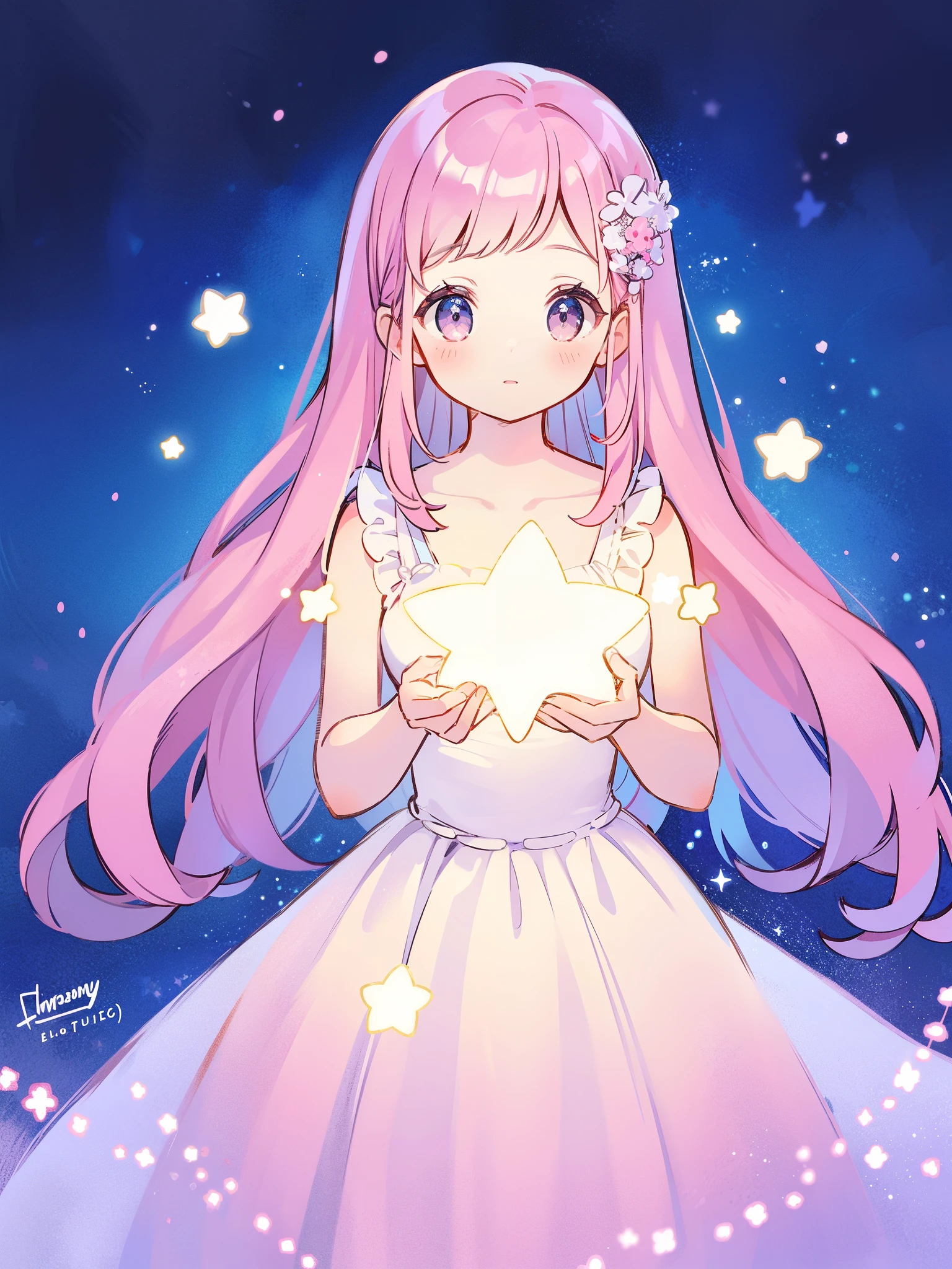 complex background, wishing star background, a woman wearing an ethereal mystical pink translucent dress that reflects the stars, perfume promo art, mystic, complex drawing, highly detailed, Covergirl brand, promo art, artistic rendition, ethereal, starry night, midjourney style