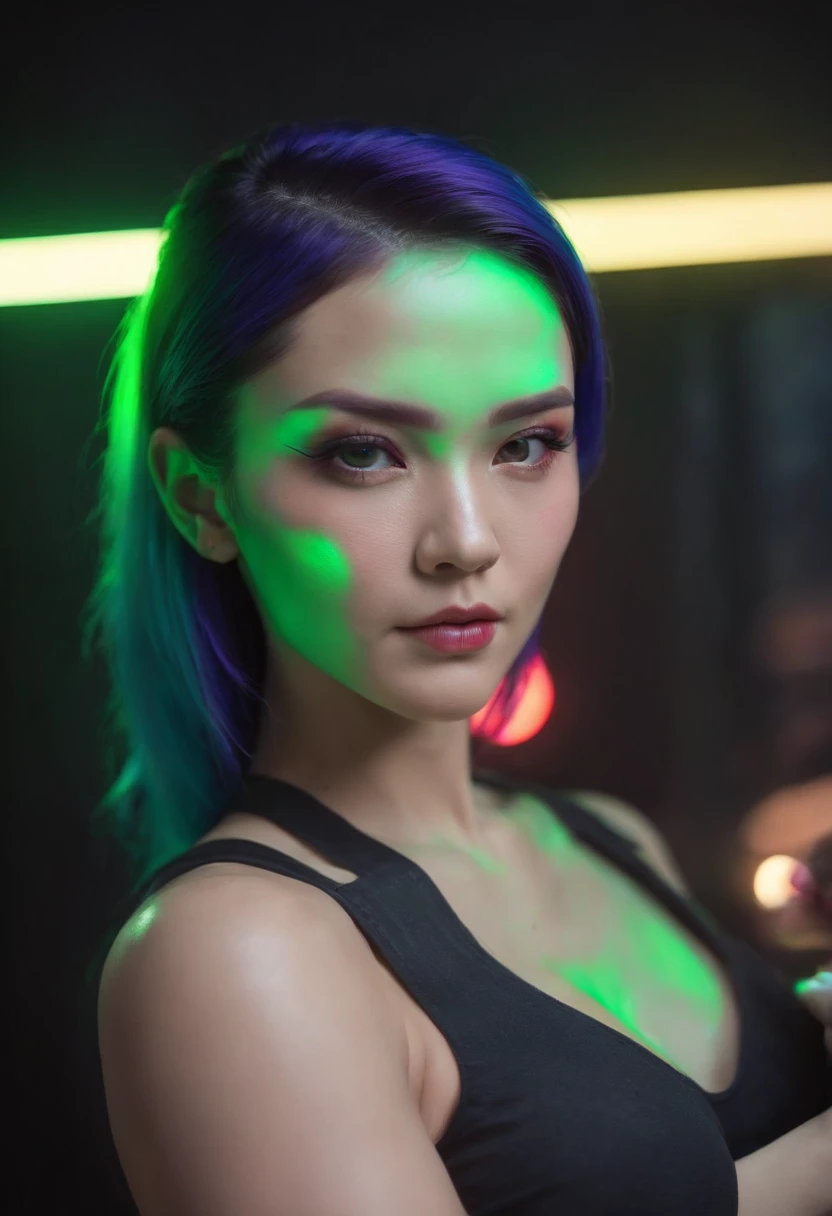 Image designer "cyberpunk & Realist". Futuristic image of an Asian woman with green hair Psylocke, X-Men, with energy purple blade, glowing from her fist. Embrace cyberpunk aesthetics with neon lights and bright tattoos, maintaining a realistic representation of its characteristics. "Lighting" Dynamic neon lighting with natural light sources to highlight tattoos and cyberpunk prosthetics, Mantener sombras y luces Realists. "Camera positioning" Camera placement is off-center and close-up, Capture dynamic poses to show cyberpunk tattoos and high-tech prosthetics in detail. "palette colors" palette colors in cyberpunk style with neon tones, such as electric blue, fluorescent rose, and bright green, complemented with realistic skin tones and metallic details for advanced rendering technology..