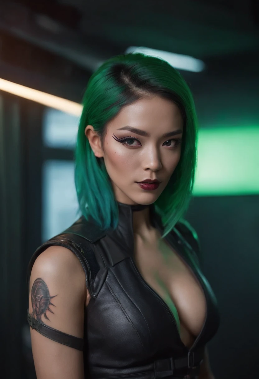 Image designer "cyberpunk & Realist". Futuristic image of an Asian woman with green hair Psylocke, X-Men, with energy purple blade, glowing from her fist. Embrace cyberpunk aesthetics with neon lights and bright tattoos, maintaining a realistic representation of its characteristics. "Lighting" Dynamic neon lighting with natural light sources to highlight tattoos and cyberpunk prosthetics, Mantener sombras y luces Realists. "Camera positioning" Camera placement is off-center and close-up, Capture dynamic poses to show cyberpunk tattoos and high-tech prosthetics in detail. "palette colors" palette colors in cyberpunk style with neon tones, such as electric blue, fluorescent rose, and bright green, complemented with realistic skin tones and metallic details for advanced rendering technology..