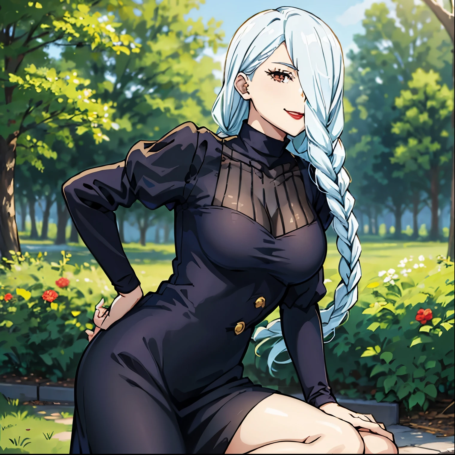 1girl, alone, mei mei, masterpiece, best quality: 1.2), smile, red lips, looking at viewer, ponytail, clothing_cut, single_braid, no_bra, high collar, central_opening, long_dress, side locks, single, (clavicle), tight clothing, outdoors, long sleeves, (long_locks), (thick_locks), ((the skirt has gold buttons)), bare_neckline , head tilted, silver hair, she is in the center of the picture, cowboy photo, sitting, ((shirt open, clothes open)), (((hand on chin))), high-waisted skirt, looking at viewer, from the front, pov (from below), big breasts, medium waist, wide hips, medium thighs, round butt, outdoors, bench, perfect anatomy, perfect hands