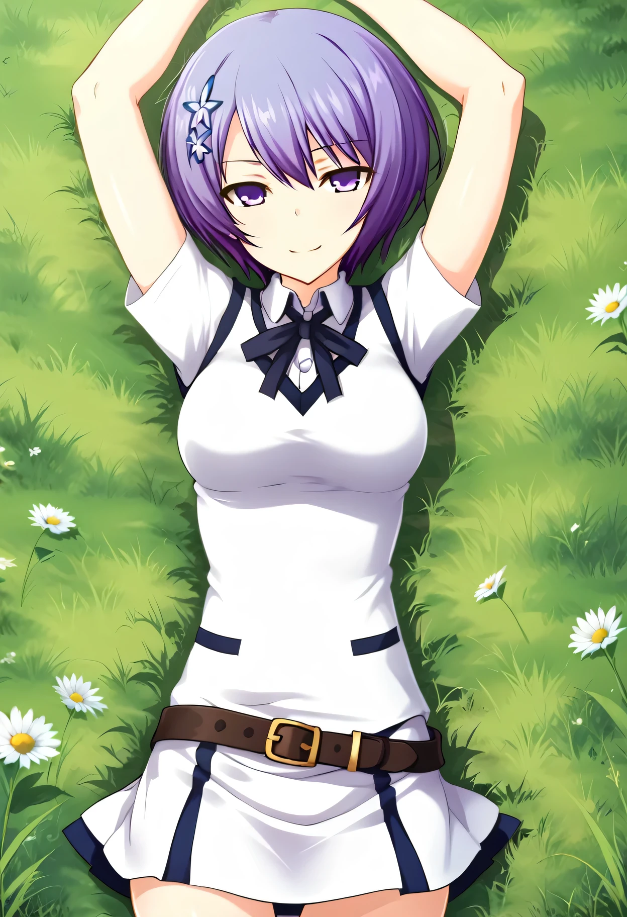 Shiina Miyako, purple hair, short hair, purple eyes, hair ornament, , short sleeves, white sweater vest, white shirt, white skirt, neck ribbon, black ribbon, high quality, looking at viewer, closed mouth, on back, on grass, arms up, spread arms, expressionless, (cowboy shot:1.5), lying, best quality, smirk,