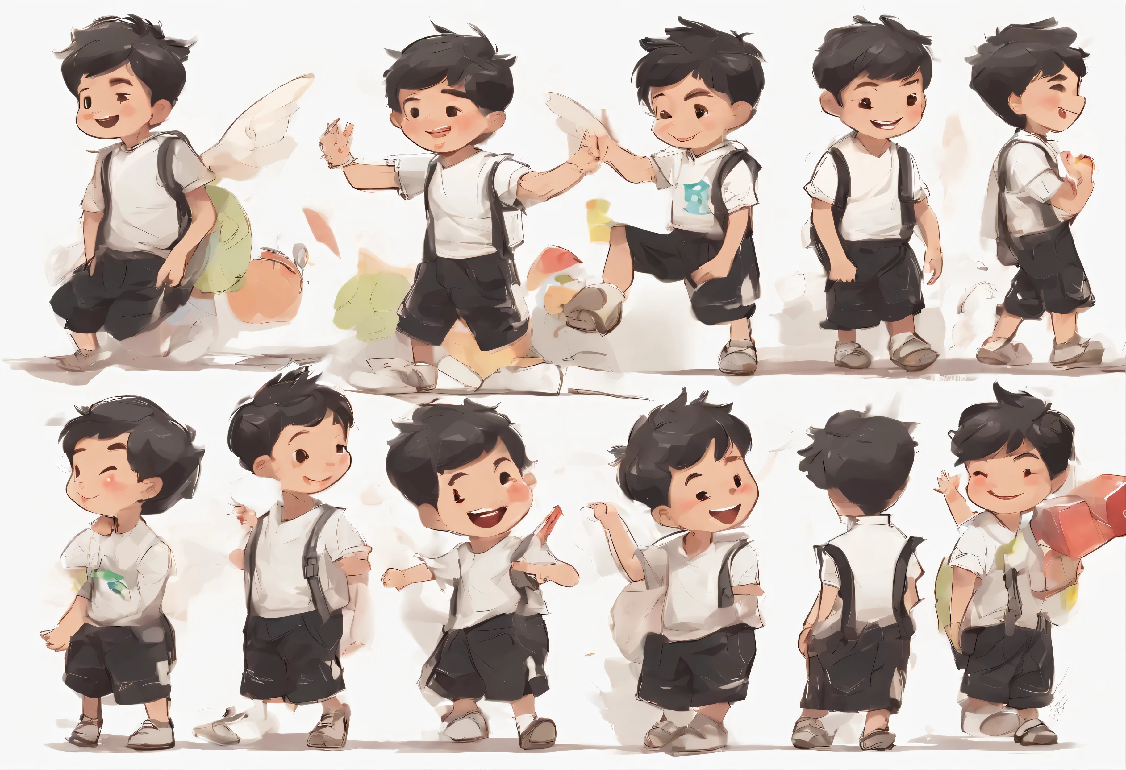 A ,Wearing a white top,Black shorts,Happy smile,Angles of people in different directions,White background