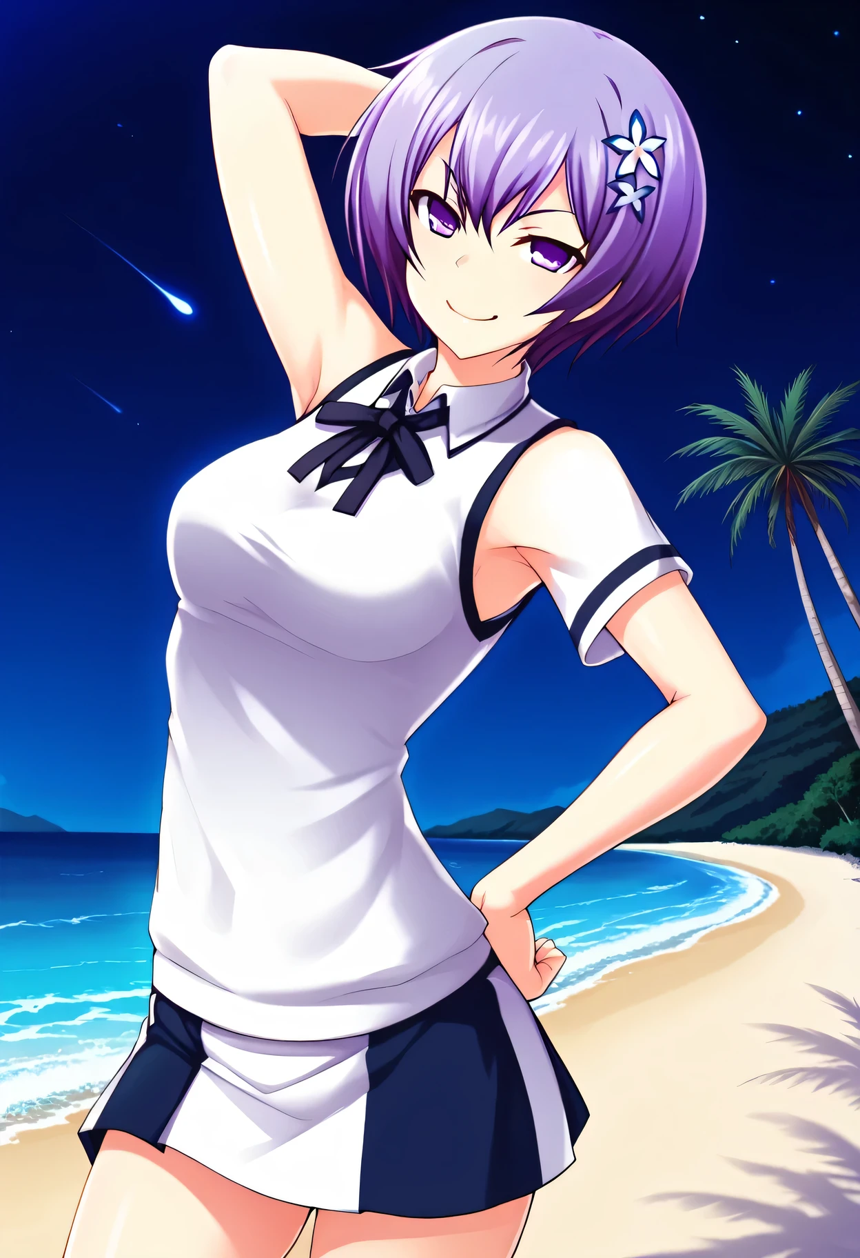 Shiina Miyako, purple hair, short hair, purple eyes, hair ornament, , short sleeves, white sweater vest, white shirt, white skirt, neck ribbon, black ribbon, high quality, solo, night sky, beach, arm behind head, hand on hip, contrapposto, closed mouth, spread armpits, (cowboy shot:1.5), looking at viewer, smile, best quality, smirk,