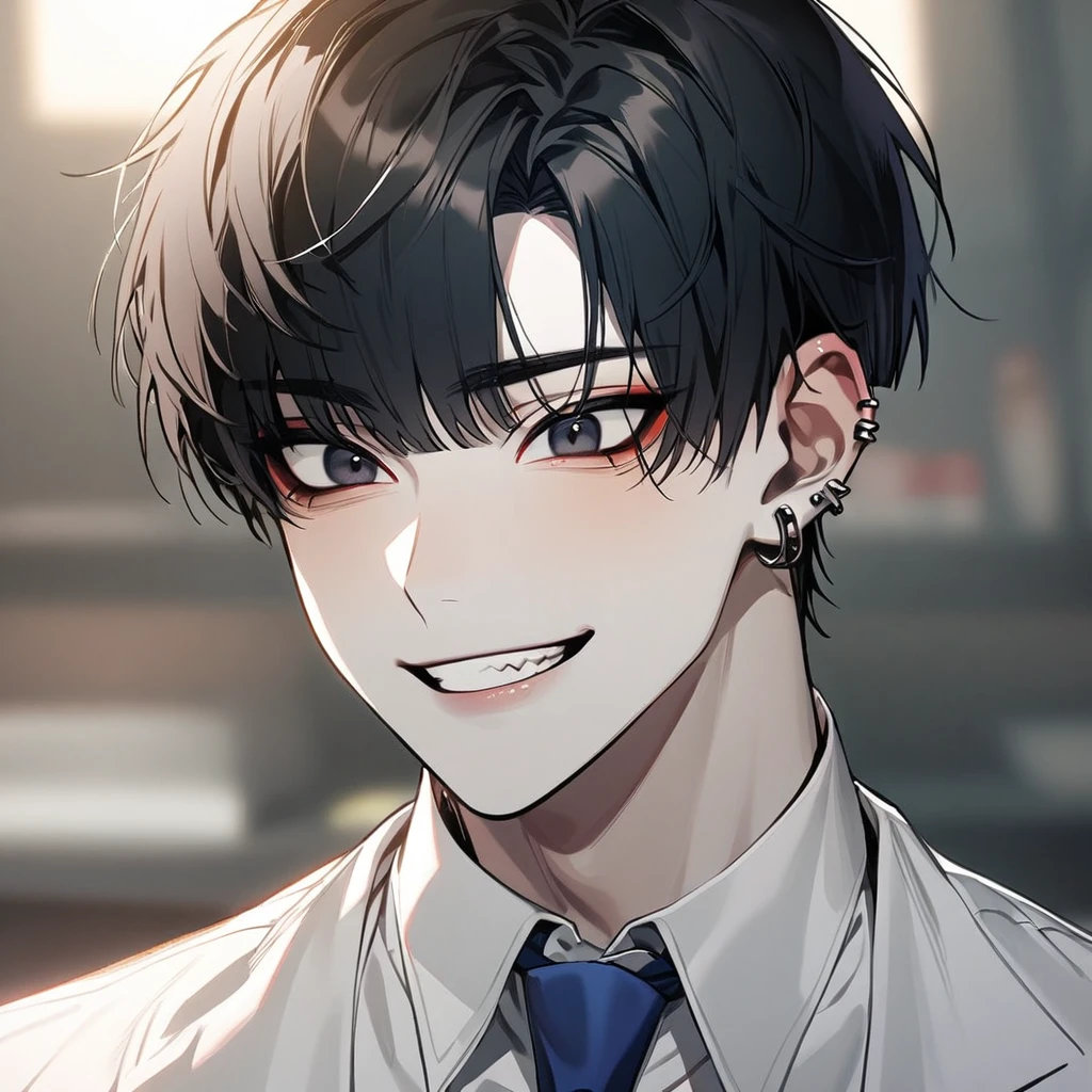 1 boy, black eyes, black hair, tooth braces, smiling, playful, ethereal, piercings, korean, bowl haircut, face close-up, manly, handsome, hot, pale skin, twink, slim, effeminate, straight bangs, K-pop, white shirt, blue tie, cute