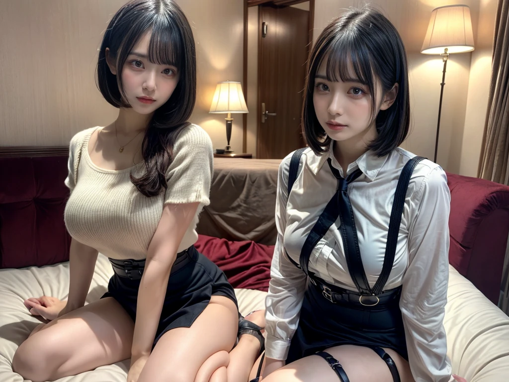 master piece, best quality, illustration, Super detailed, fine details, High resolution, 8K,wall paper, perfect dynamic composition,(Details High quality, realistic depiction of eyes:1.3),((2 girls)), (Fashionable, a belt black suspenders, Aside Cutter Shirt, a miniskirt, garterbelts), short bob hair, large breasts, black hair color, Big Natural Color Lip, (perfect body shape), Touching each other's bodies,Touching the body of the girl next door,crying a little、cold gaze, Harajuku style、20 year old girl、beautiful legs, hotel room, Gravure Idol, Voluptuous thighs, (woman on top, straddling, sitting)