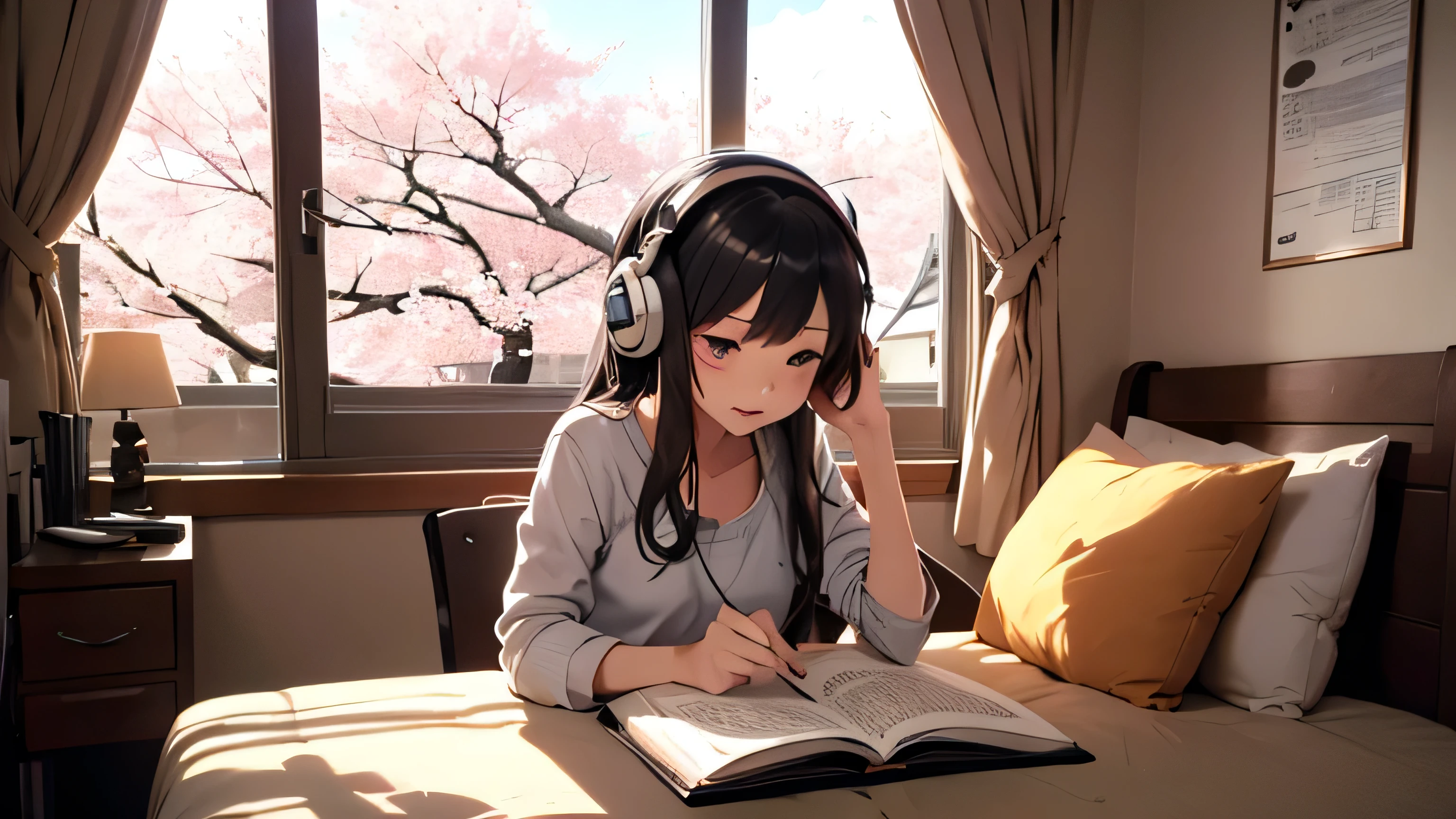 Beautiful girl studying in her room while listening to music with headphones、Warm lighting、Outside the room, cherry blossoms are blooming、Japanese anime style