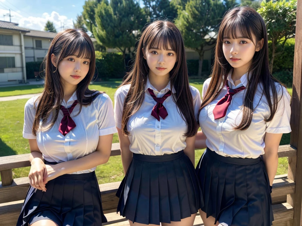 (RAW photo, 4k, masterpiece, high resolution, extremely complex) (realistic: 1.4), cinematic lighting
 ((2 girls, 2 schoolgirls)),Slam Dunk's,blushing,((innocent)),(Dark makeup),bright eyes,round eyes,blunt bangs,(straight hair:1.3),black hair,large breasts,wide hips,Summer Noon, 20 year old girl、cute type、lolita,Hot, (Best Quality), (Highres), (an Extremely Delicate and Beautiful),(Beautiful 8k face),(Brown eyes),short bob hair,( spectators),(gigantic breasts),(Play with each other,Touching each other's bodies,Touching the body),(Japanese high school uniform:1.3),blue skirt,(reality),bright lighting,(The background is a luxury hotel room)