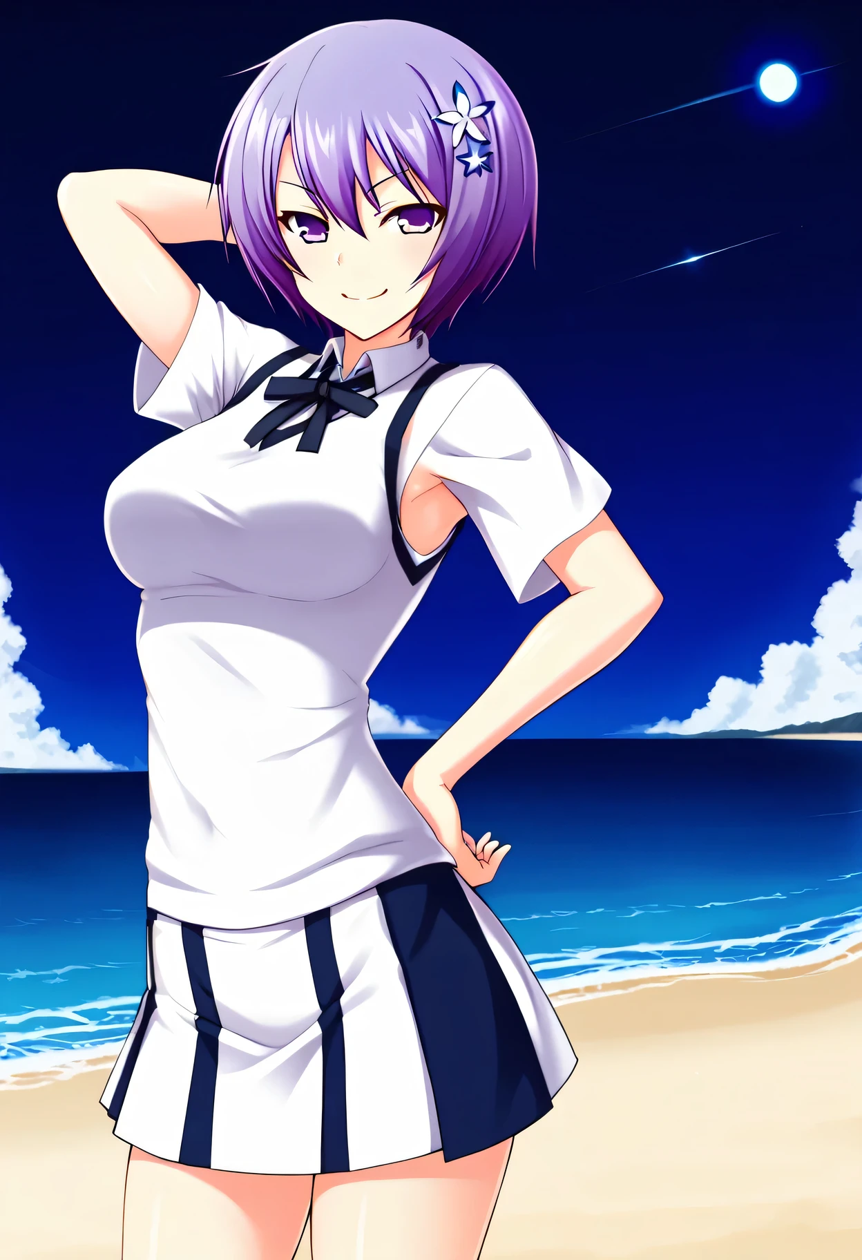 Shiina Miyako, purple hair, short hair, purple eyes, hair ornament, , short sleeves, white sweater vest, white shirt, white skirt, neck ribbon, black ribbon, high quality, solo, night sky, beach, arm behind head, hand on hip, contrapposto, closed mouth, spread armpits, (cowboy shot:1.5), looking at viewer, smile, best quality, smirk,