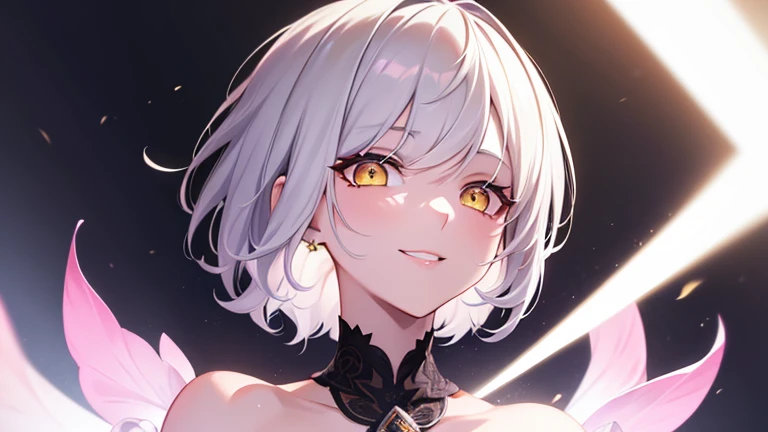 best quality, highres, masterpiece, 1 girl, yellow eyes, white hair, short hair, hollow eyes, glowing eyes, detailed face, shiny skin, vibrant colors, intense lighting,Idol Costumes,Pink outfit,Little,smile