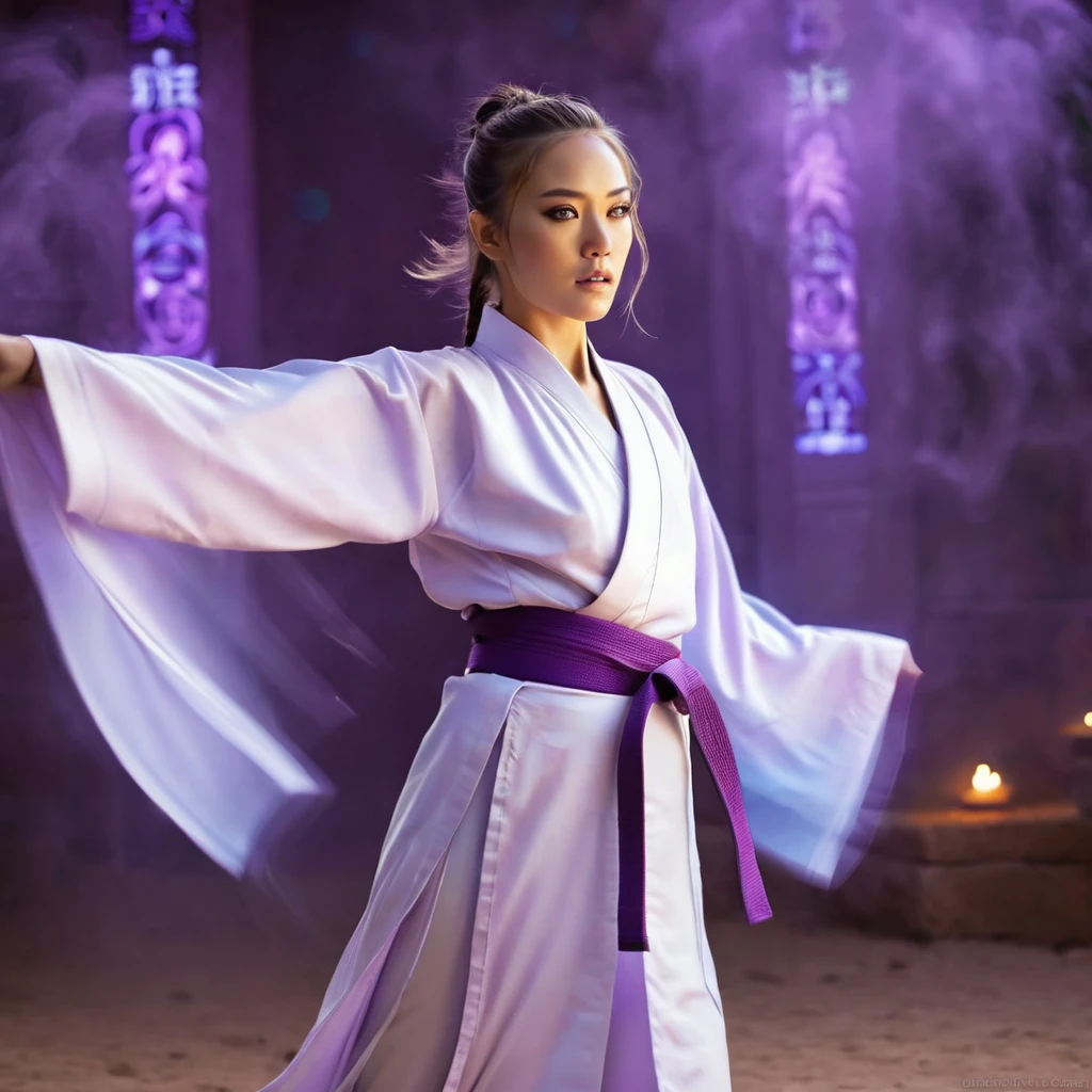A handsome Norwegian girl, sharp eyes, clear facial features, wearing Hanfu, combat posture, martial arts movements, body surrounded by purple mist, runes around, holographic reality, holographic halo, motion blur, game light effects, edge light, soft light, movie edge light, delicate light, masterpiece, super detailed, epic composition, super HD, high quality, highest quality, 32k