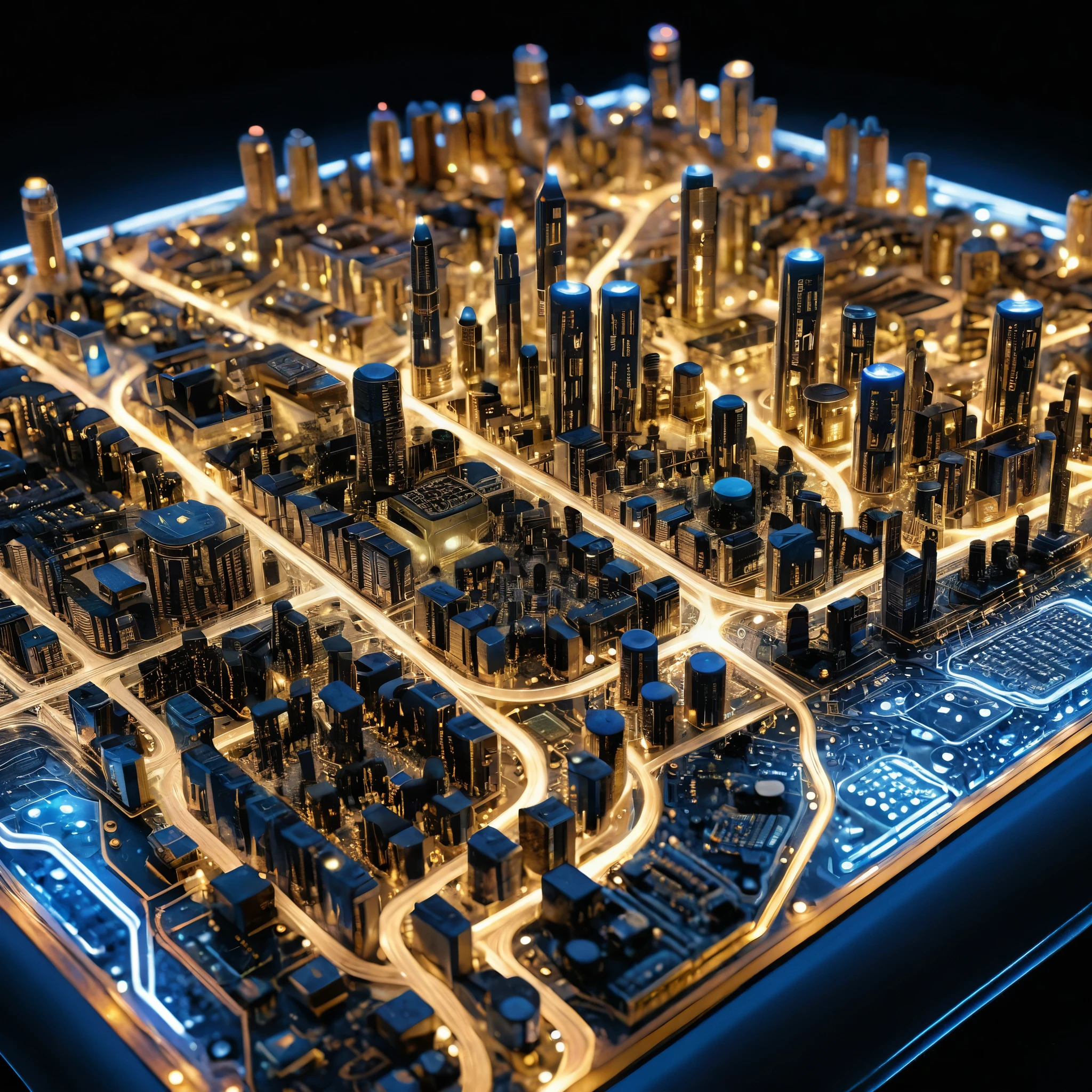 A highly detailed miniature city resembling electronic components on a circuit board, with intricate details and glowing lights, photorealistic, finely rendered.