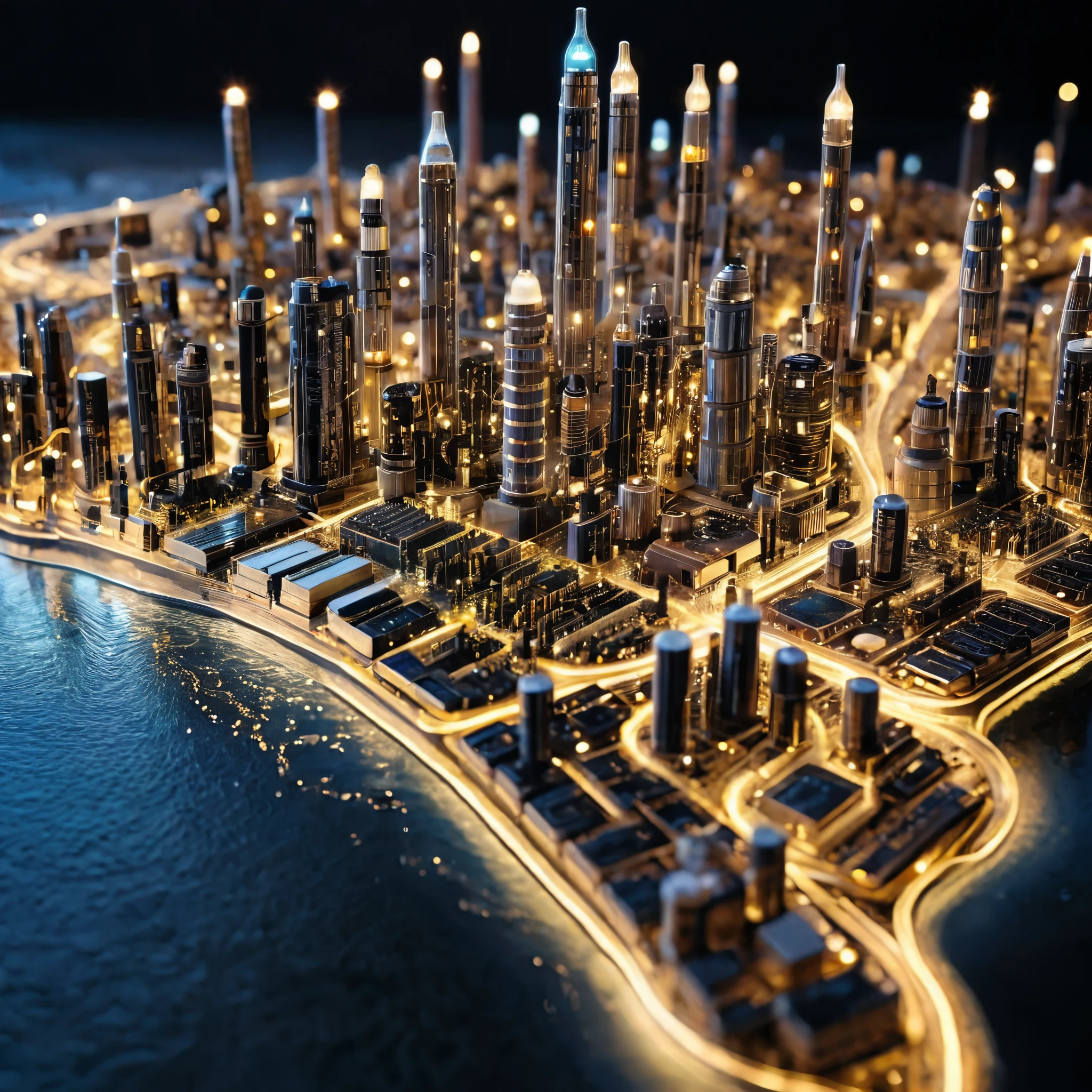 A highly detailed miniature city resembling electronic components on a circuit board, with intricate details and glowing lights, photorealistic, finely rendered.