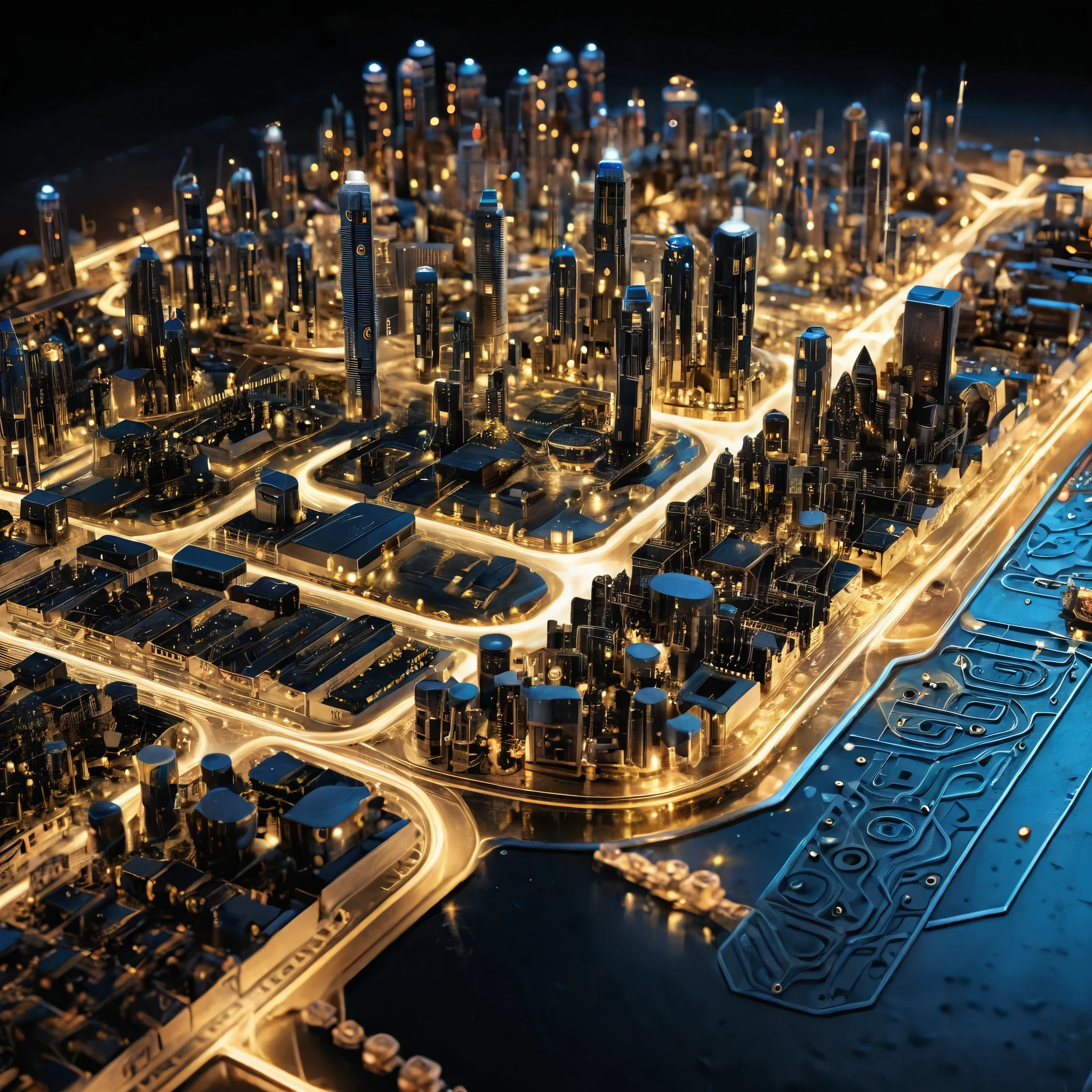 A highly detailed miniature city resembling electronic components on a circuit board, with intricate details and glowing lights, photorealistic, finely rendered.
